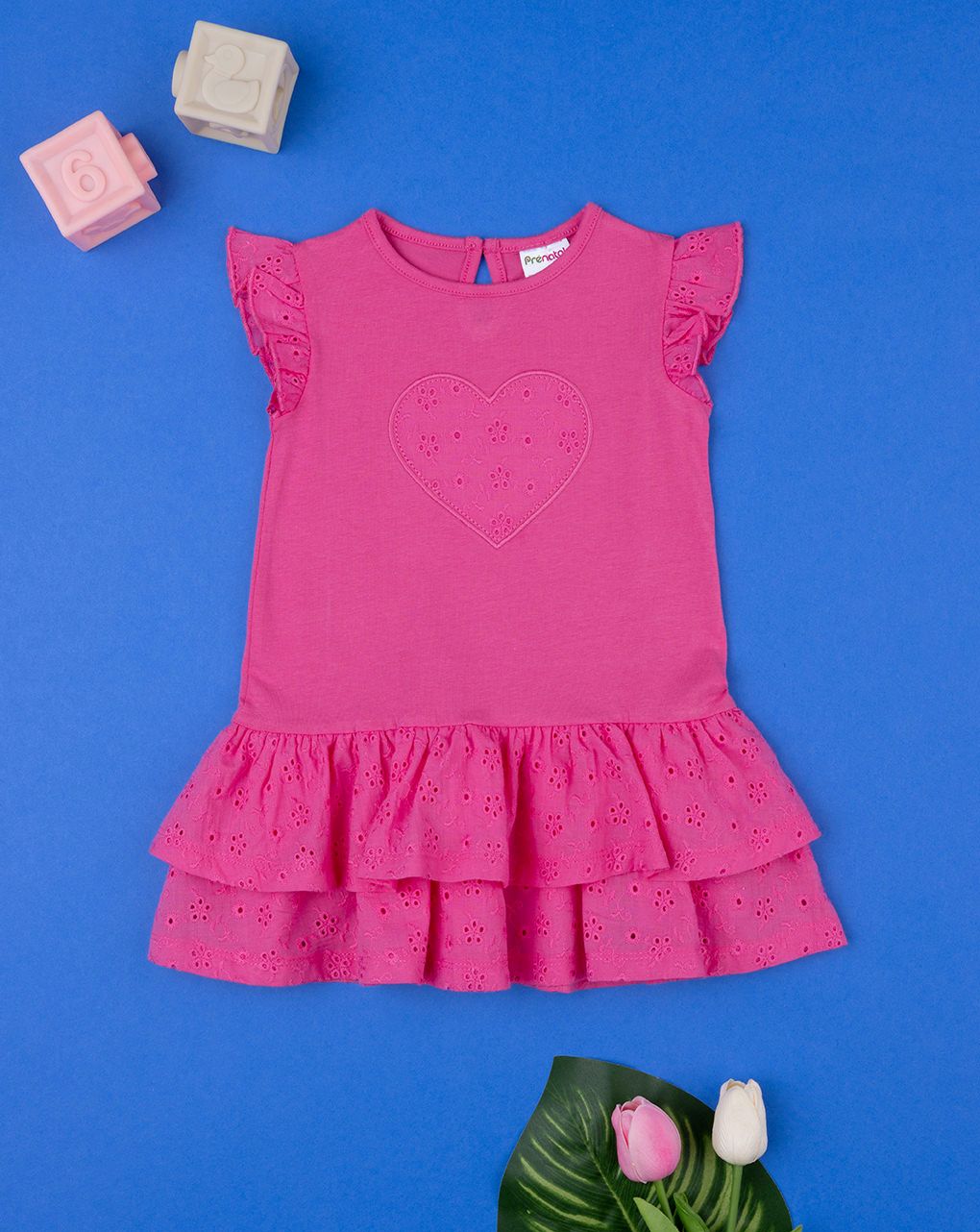 βρεφικό φόρεμα φούξια καρδιά με δαντέλα sangallo για κορίτσι