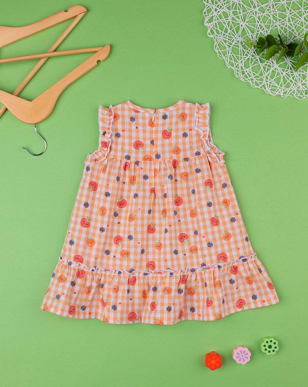 βρεφικό φόρεμα καρό πορτοκαλί με φρούτα για κορίτσι - Prénatal