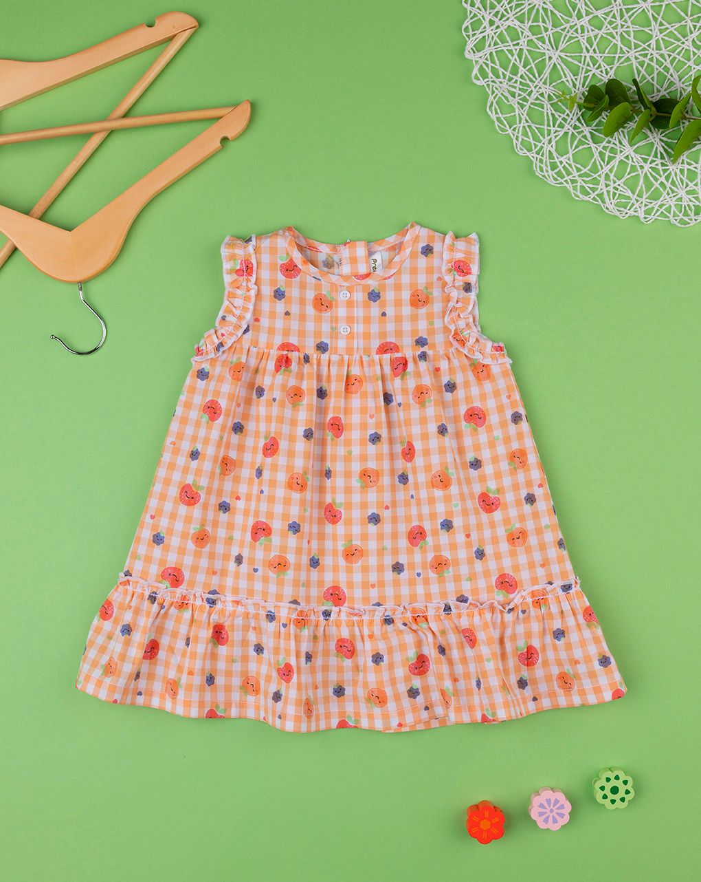 βρεφικό φόρεμα καρό πορτοκαλί με φρούτα για κορίτσι - Prénatal