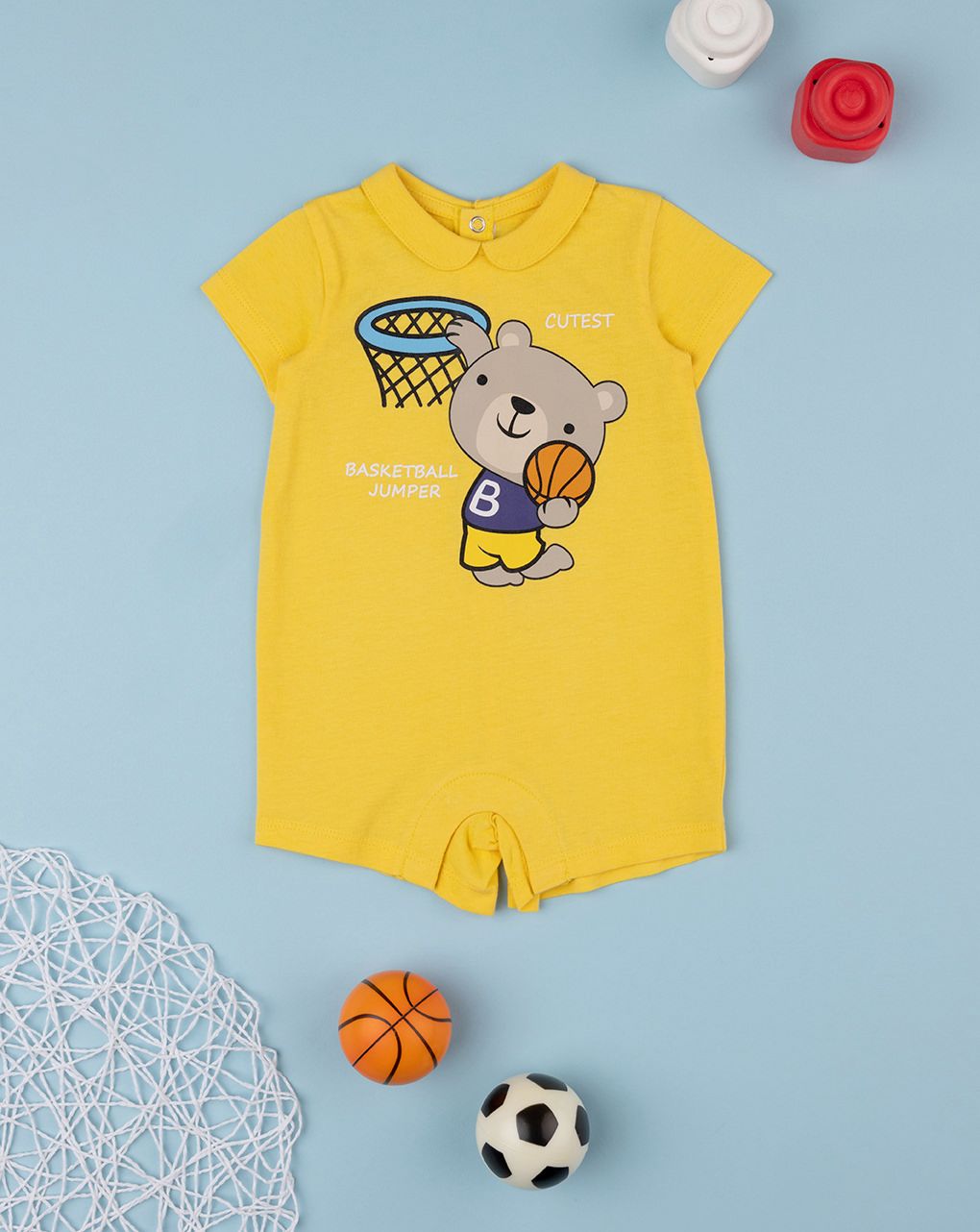 βρεφικό φορμάκι κοντό κίτρινο με αρκουδάκι για αγόρι