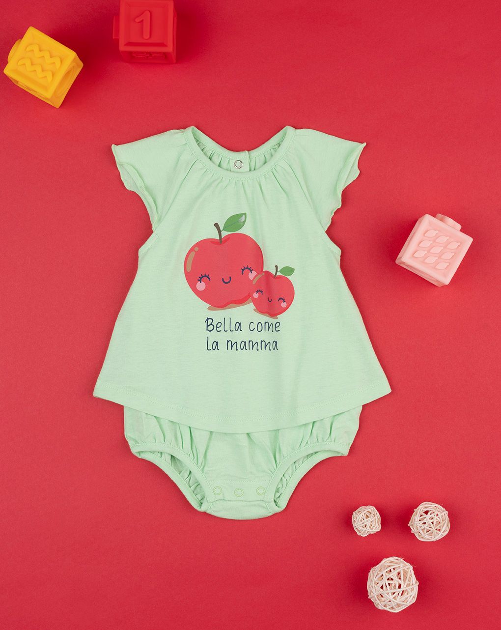 βρεφικό φορμάκι κοντό πράσινο με μήλα για κορίτσι - Prénatal