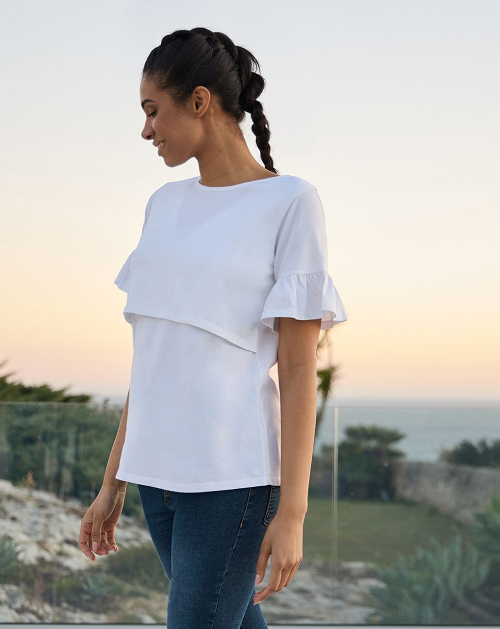 γυναικείο t-shirt εγκυμοσύνης/θηλασμού λευκό με βολάν - Prénatal