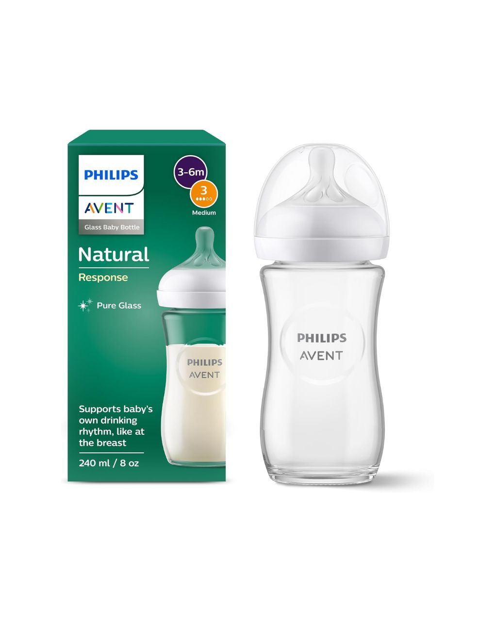 Philips avent γυάλινο μπιμπερό natural response 3-6m μέτριας ροής 240ml scy933/01 - Philips Avent