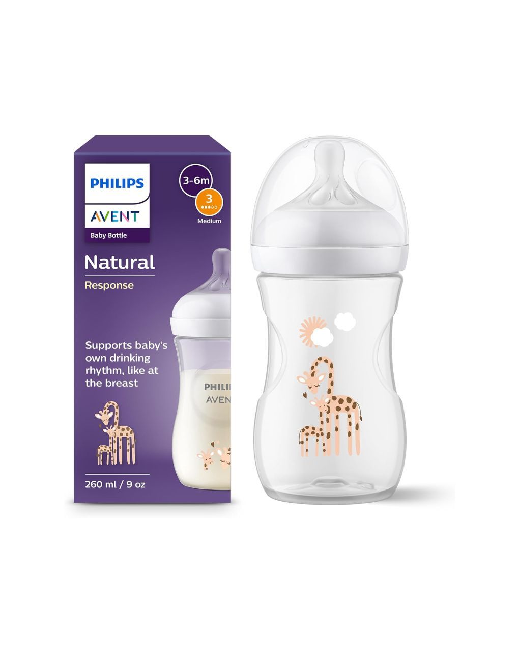Philips avent πλαστικό μπιμπερό natural response 260ml μέτριας ροής 3-6m καμηλοπάρδαλη scy903/66 - Philips Avent