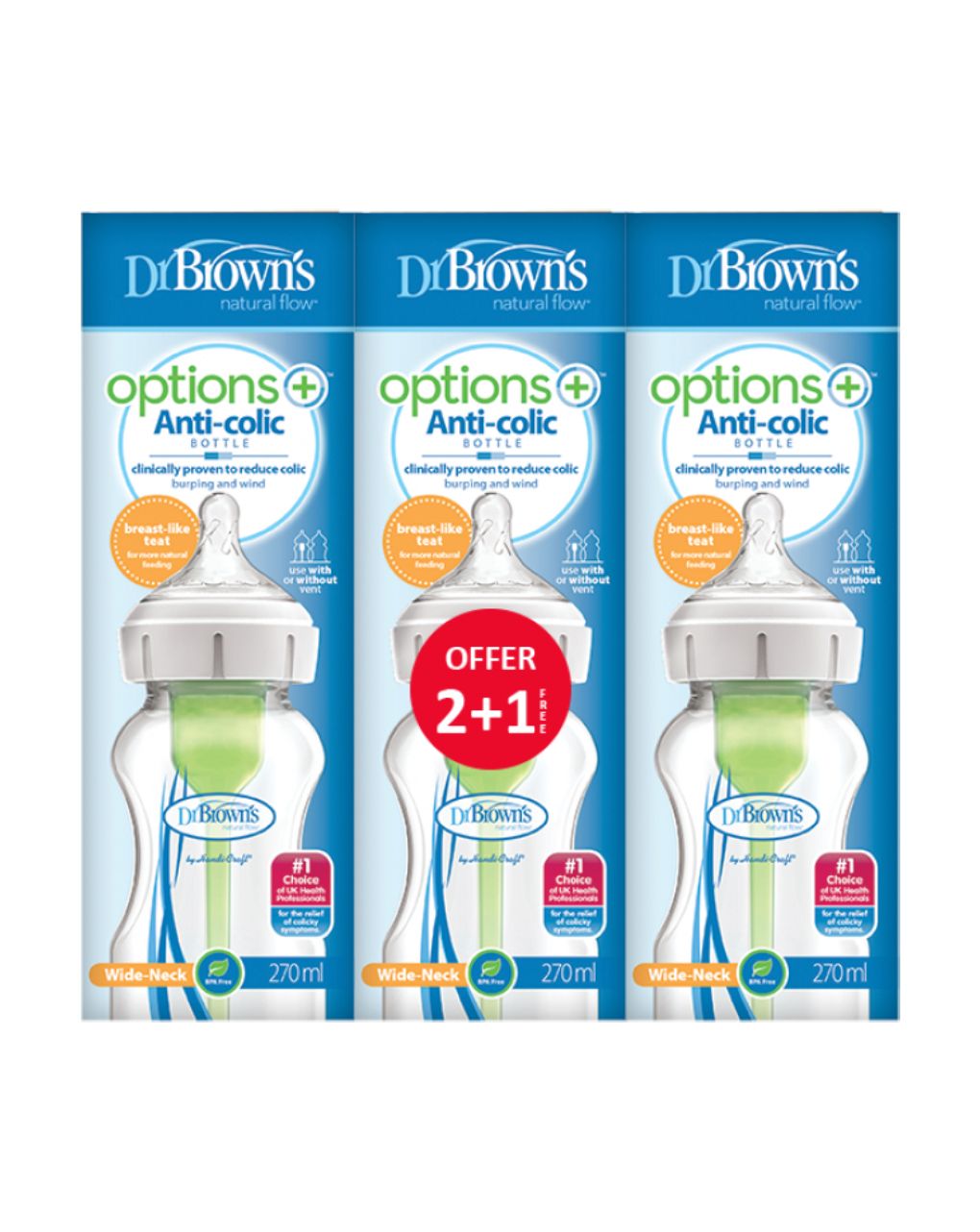 Dr brown’s options+ πλαστικό μπιμπερό με φαρδύ λαιμό 270ml (2+1 δώρο) 112.70.399.016 - Dr Browns