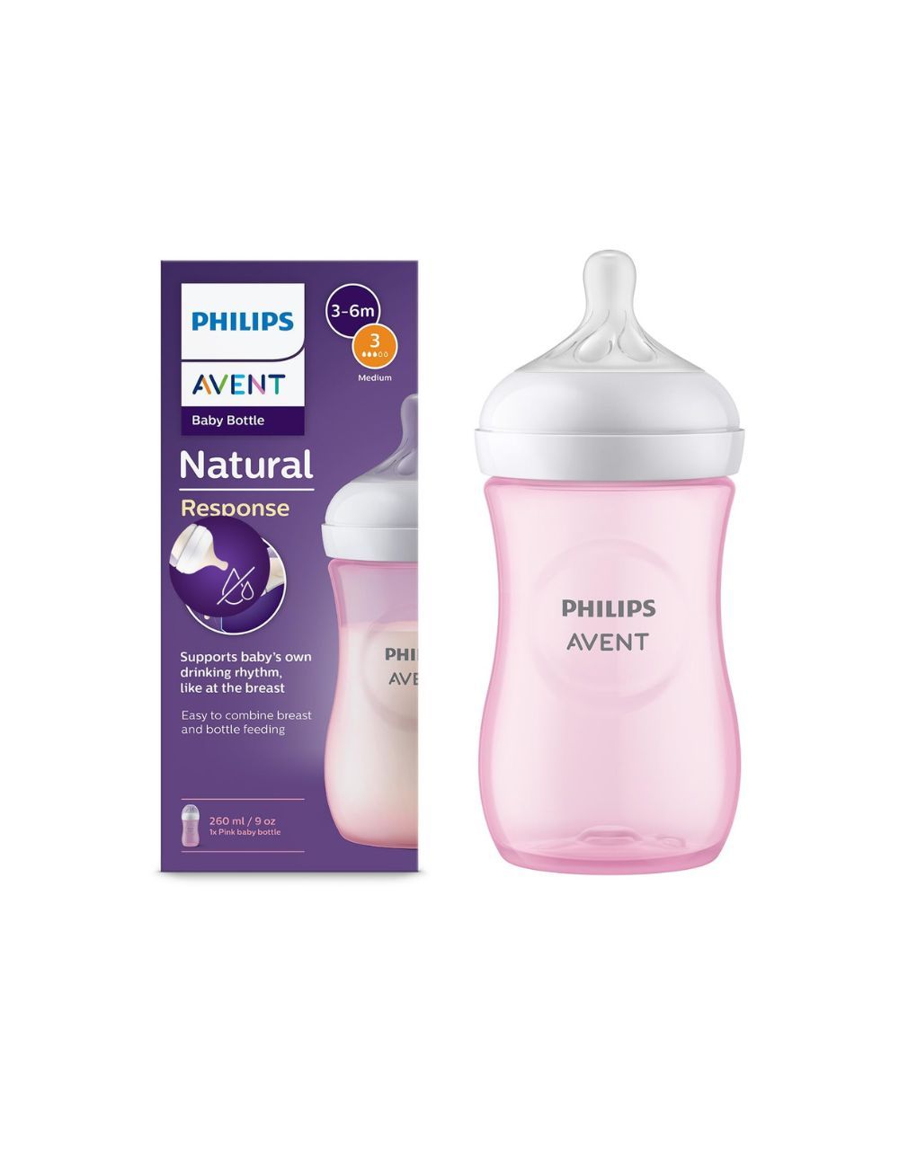Philips avent πλαστικό μπιμπερό natural response 260ml μέτριας ροής 3-6m ροζ scy903/11 - Philips Avent