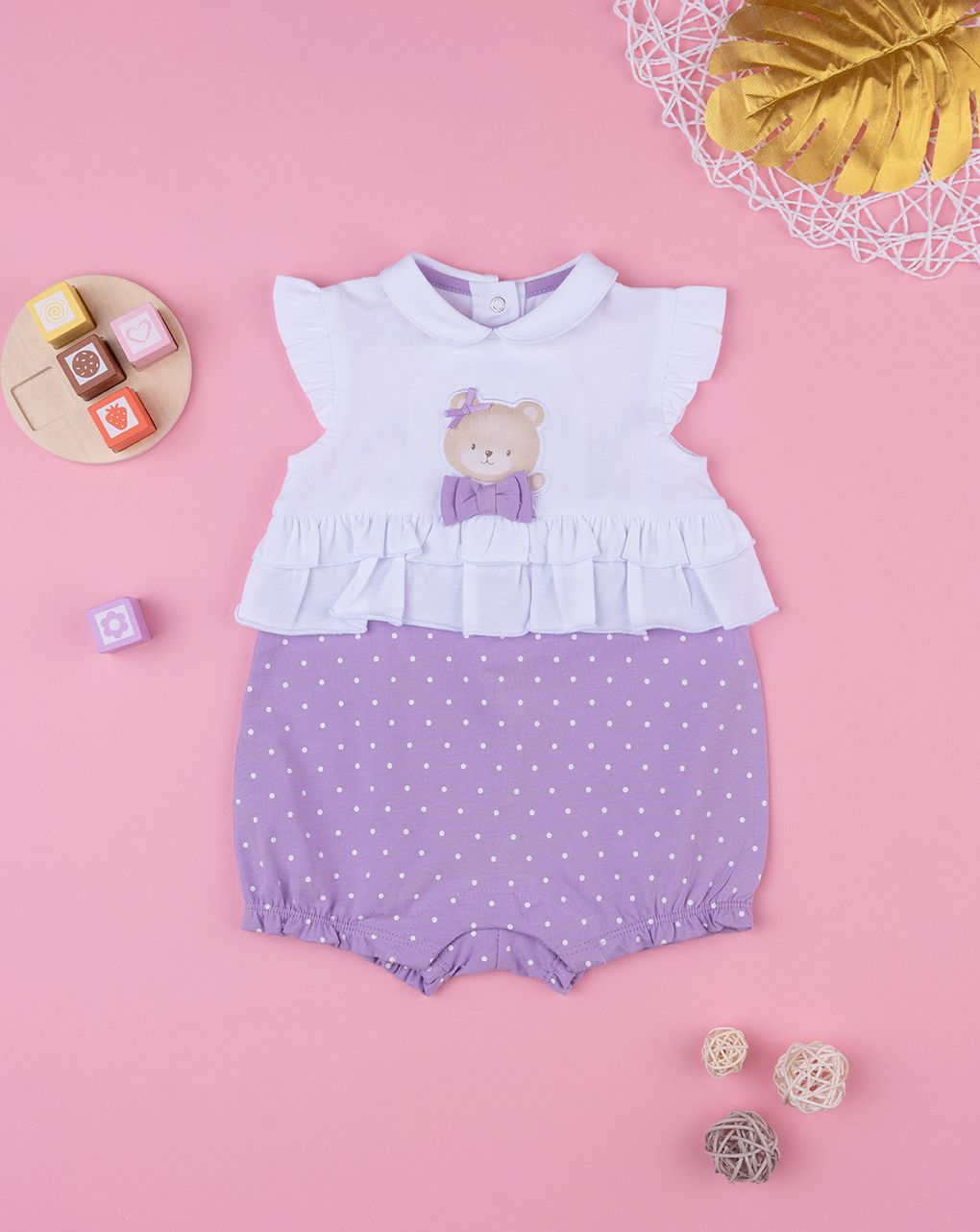 βρεφικό φορμάκι λευκό/λιλά πουά με αρκουδάκι για κορίτσι