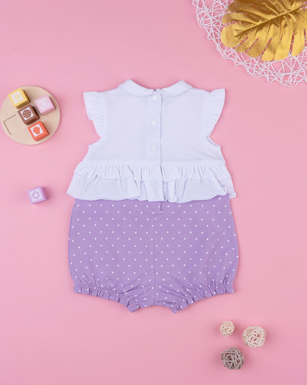 βρεφικό φορμάκι λευκό/λιλά πουά με αρκουδάκι για κορίτσι - Prénatal