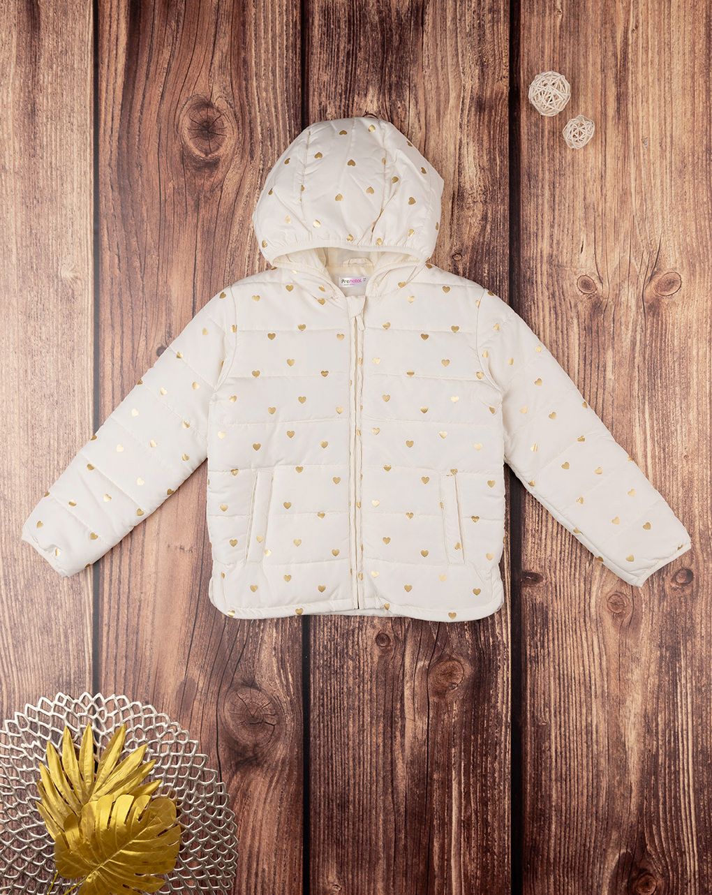 παιδικό μπουφάν φουσκωτό μπεζ με καρδούλες για κορίτσι - Prénatal