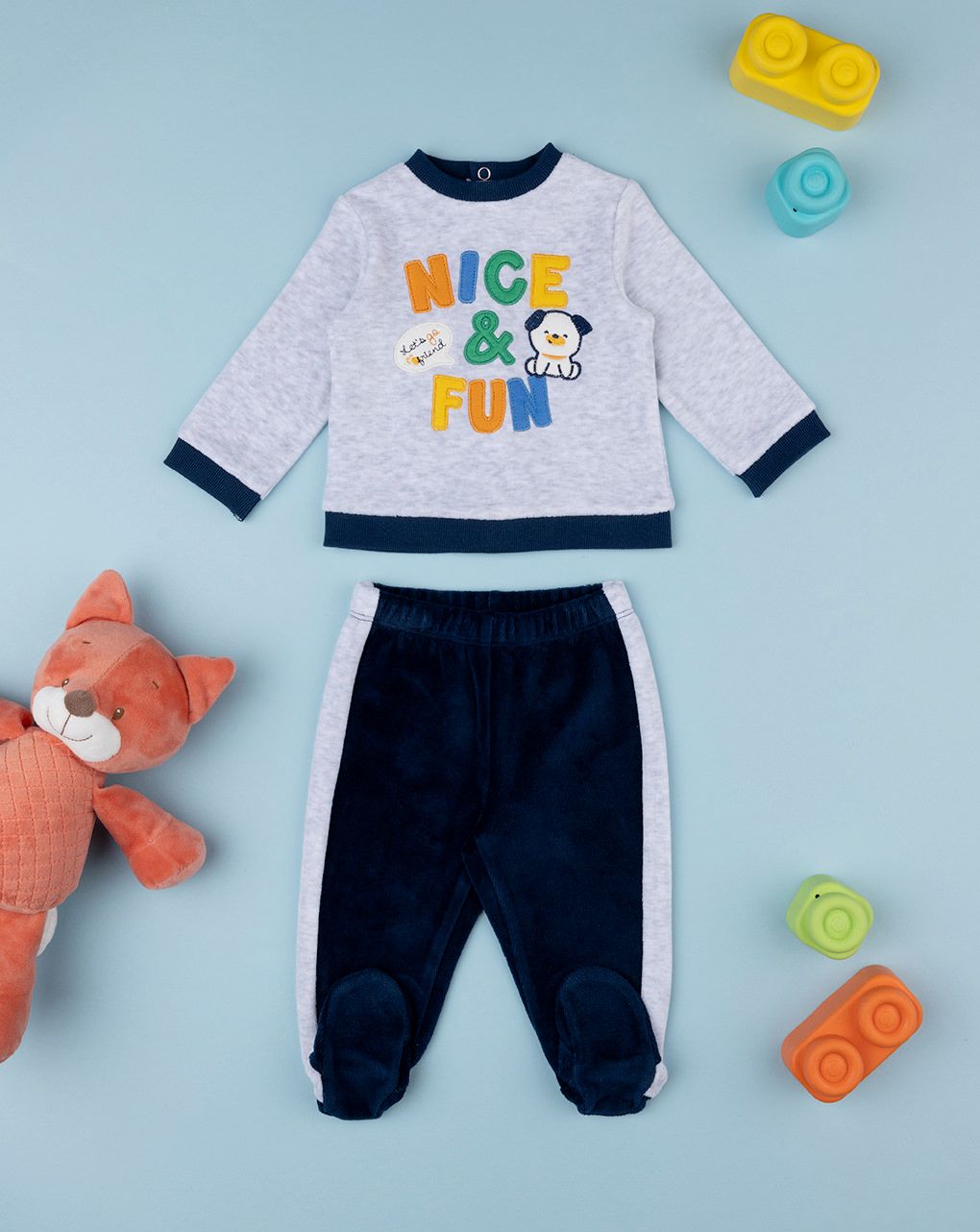 βρεφικό σετ σενίλ μπλούζα και γκέτα nice and fun για αγόρι