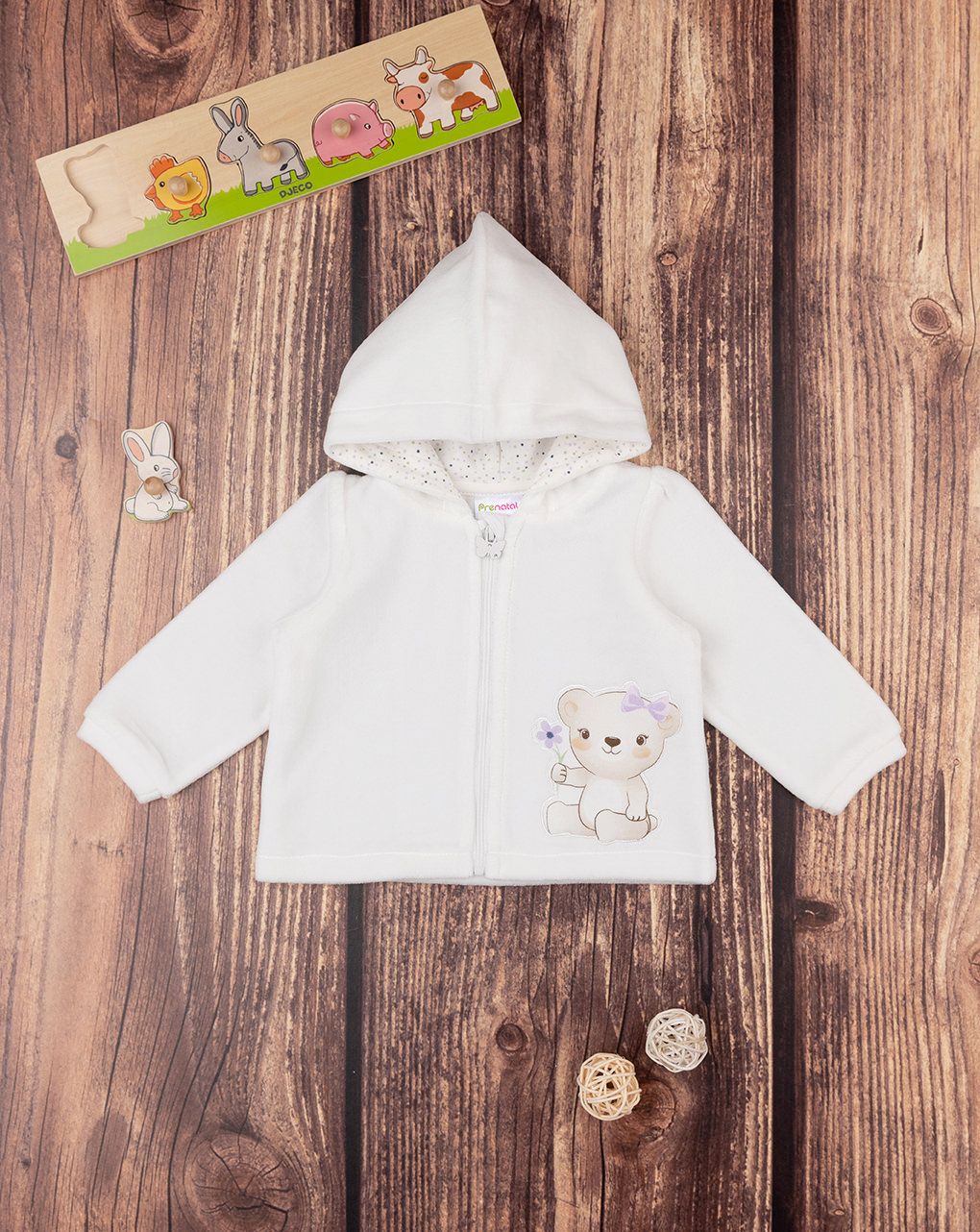 βρεφικό ζακετάκι σενίλ λευκό με αρκουδάκι για κορίτσι - Prénatal