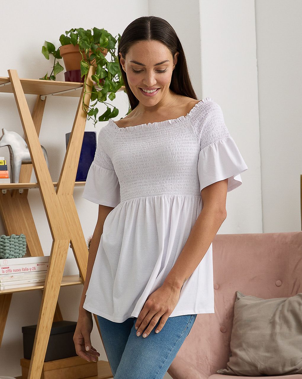 γυναικείο t-shirt εγκυμοσύνης/θηλασμού λευκό με σφηκοφωλιά - Prénatal