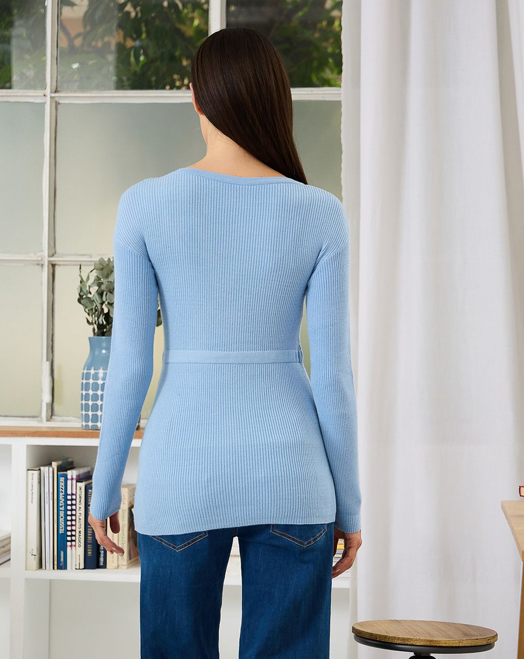γυναικεία πλεκτή μπλούζα εγκυμοσύνης γαλάζια με φιόγκο - Prénatal