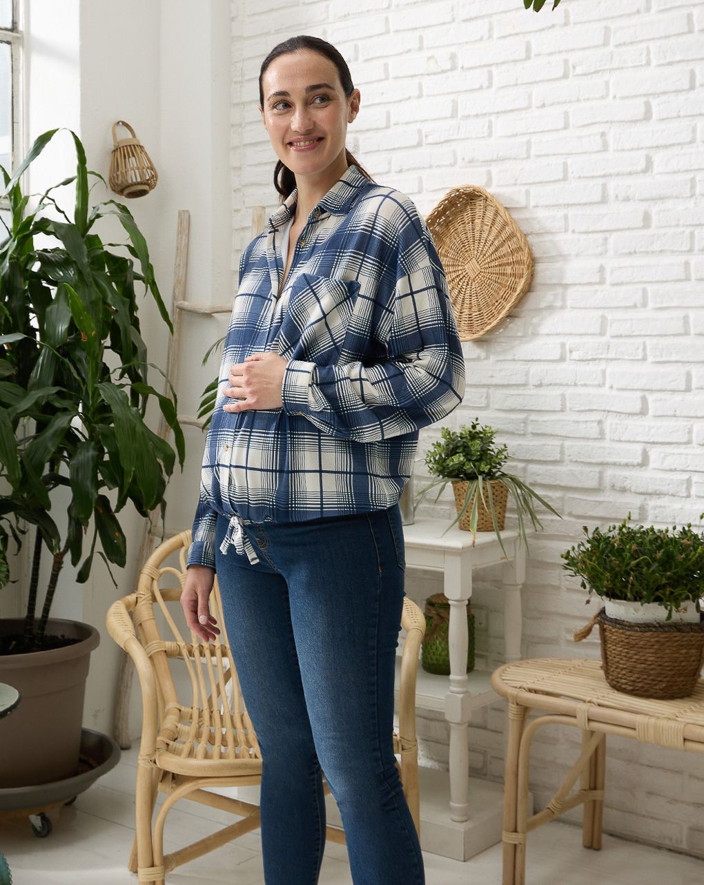 γυναικείο πουκάμισο εγκυμοσύνης/θηλασμού μπλε καρό - Prénatal