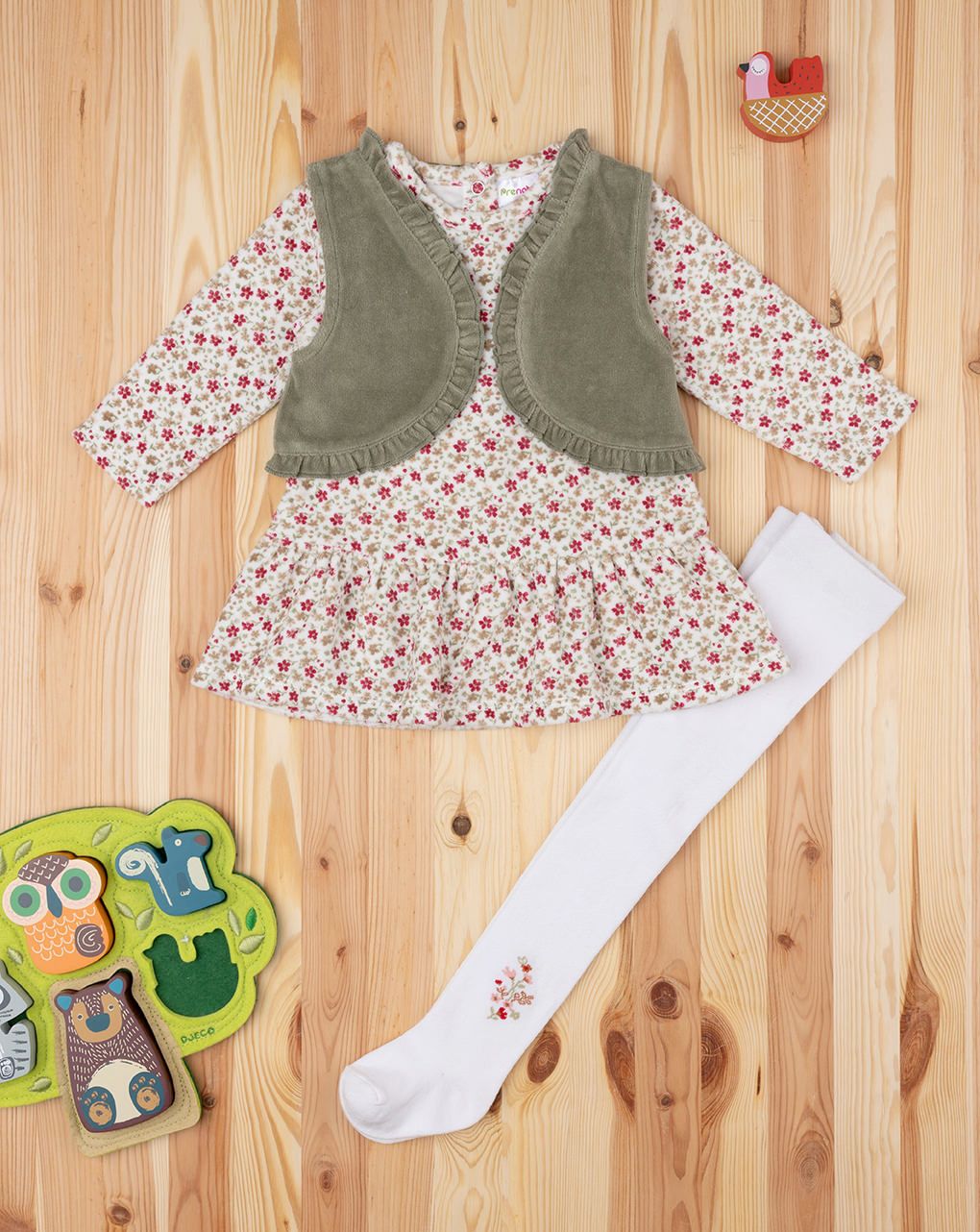 βρεφικό σετ φόρεμα, γιλέκο και καλσόν φλοράλ για κορίτσι - Prénatal