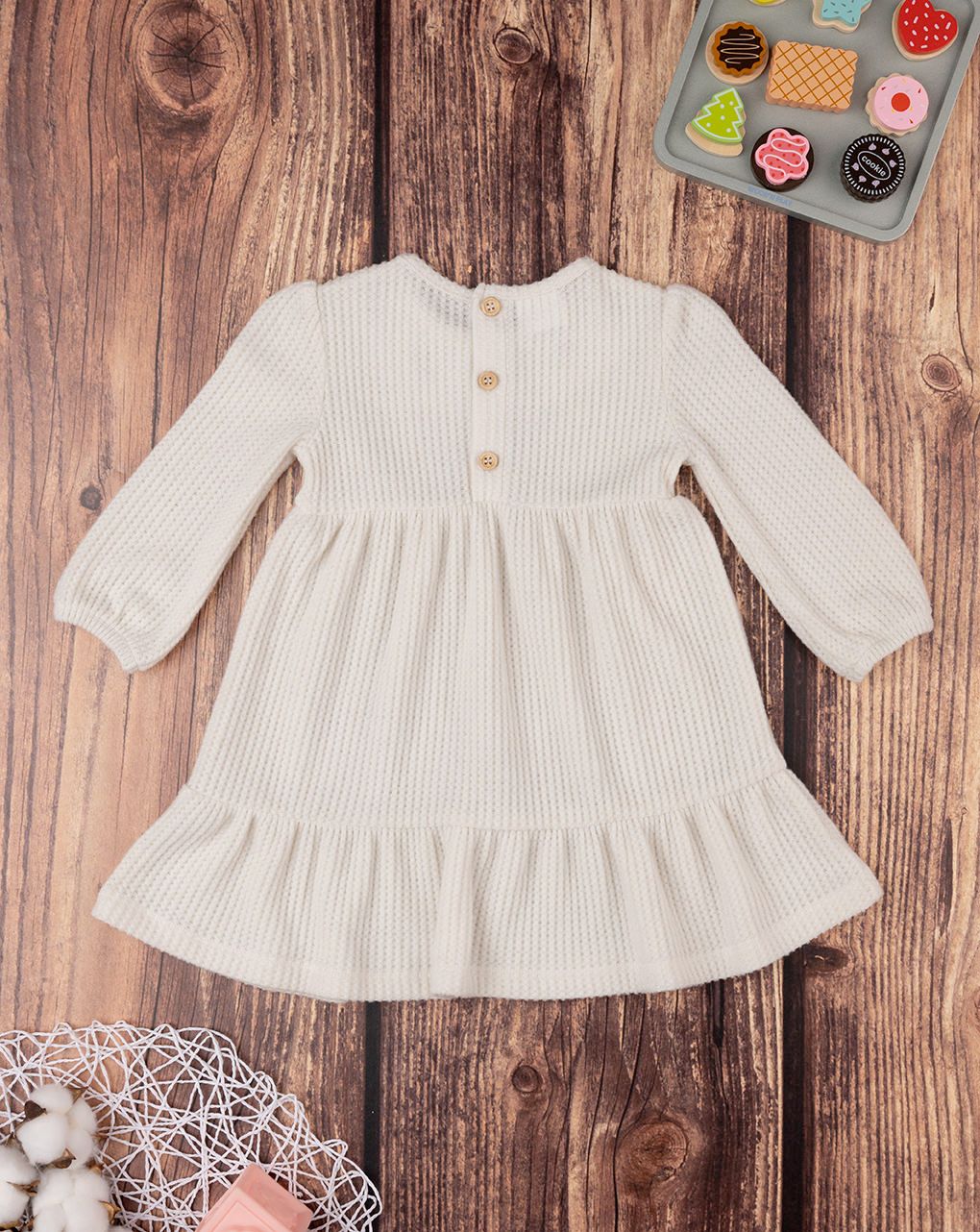 βρεφικό φόρεμα γκοφρέ κρεμ με λουλούδια για κορίτσι - Prénatal