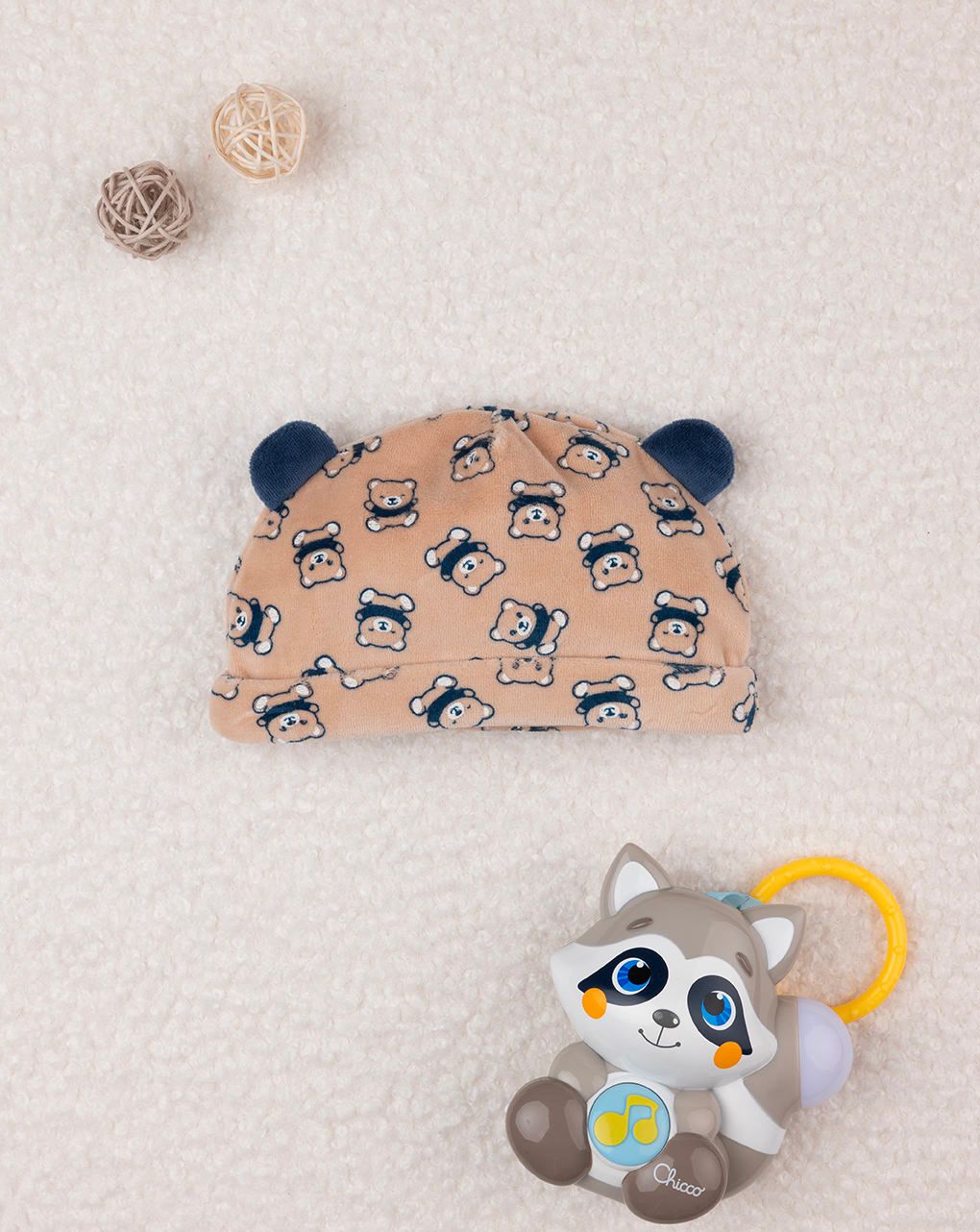 βρεφικό σκουφάκι σενίλ καφέ με πάντα για αγόρι - Prénatal