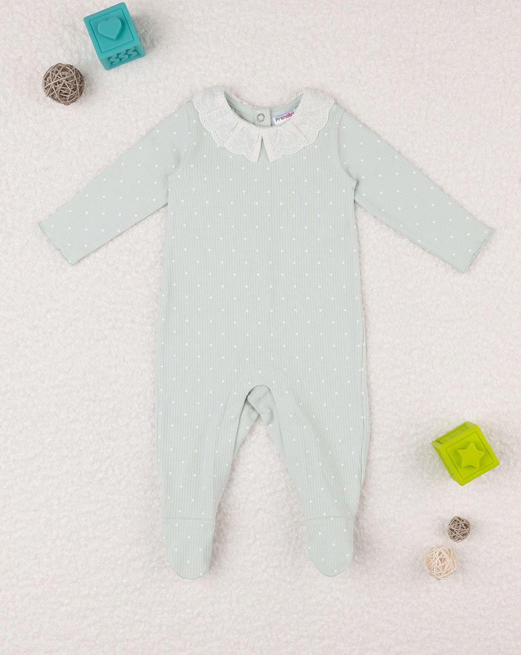 βρεφικό φορμάκι πράσινο μέντας πουά με δαντέλα για κορίτσι