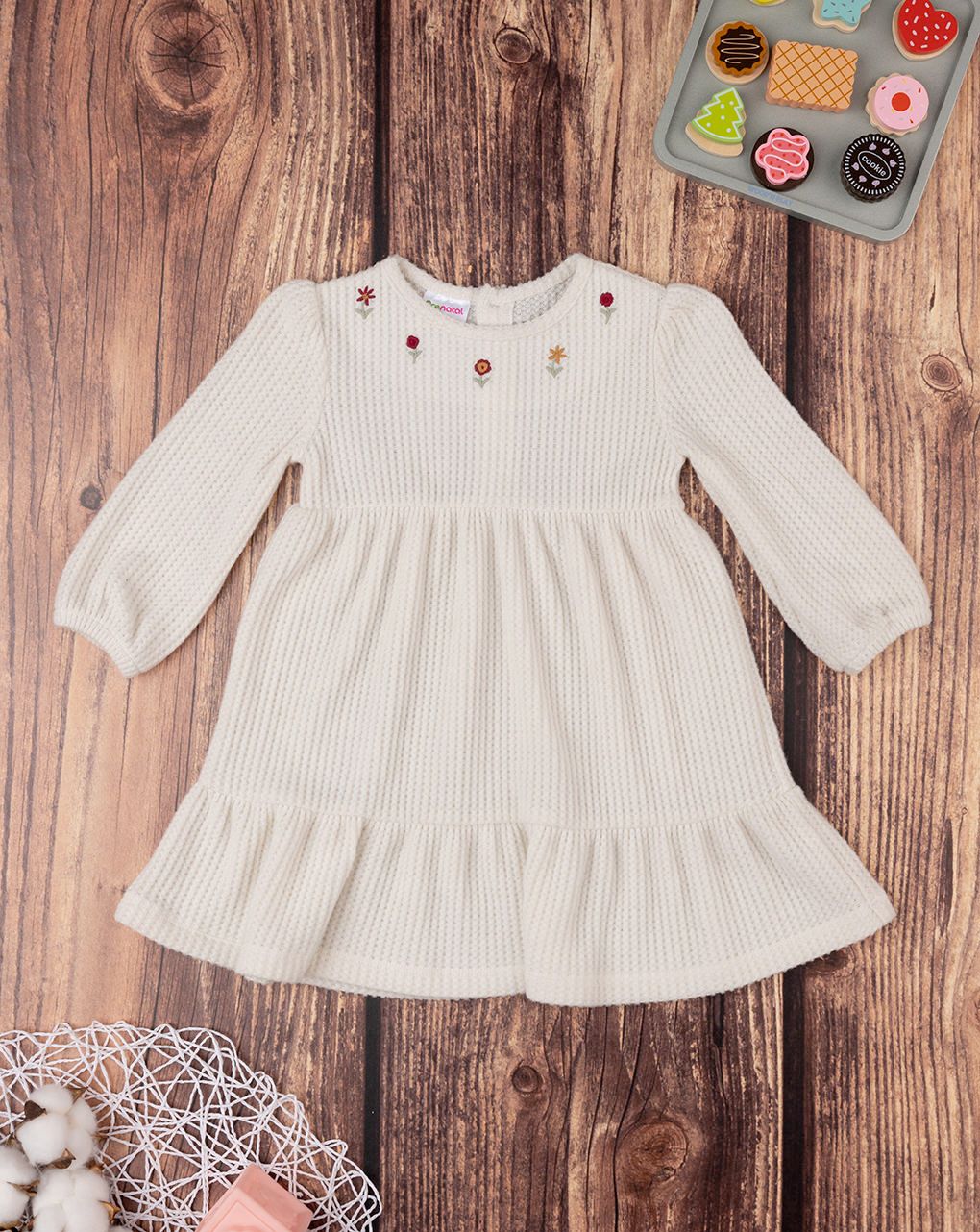 βρεφικό φόρεμα γκοφρέ κρεμ με λουλούδια για κορίτσι - Prénatal