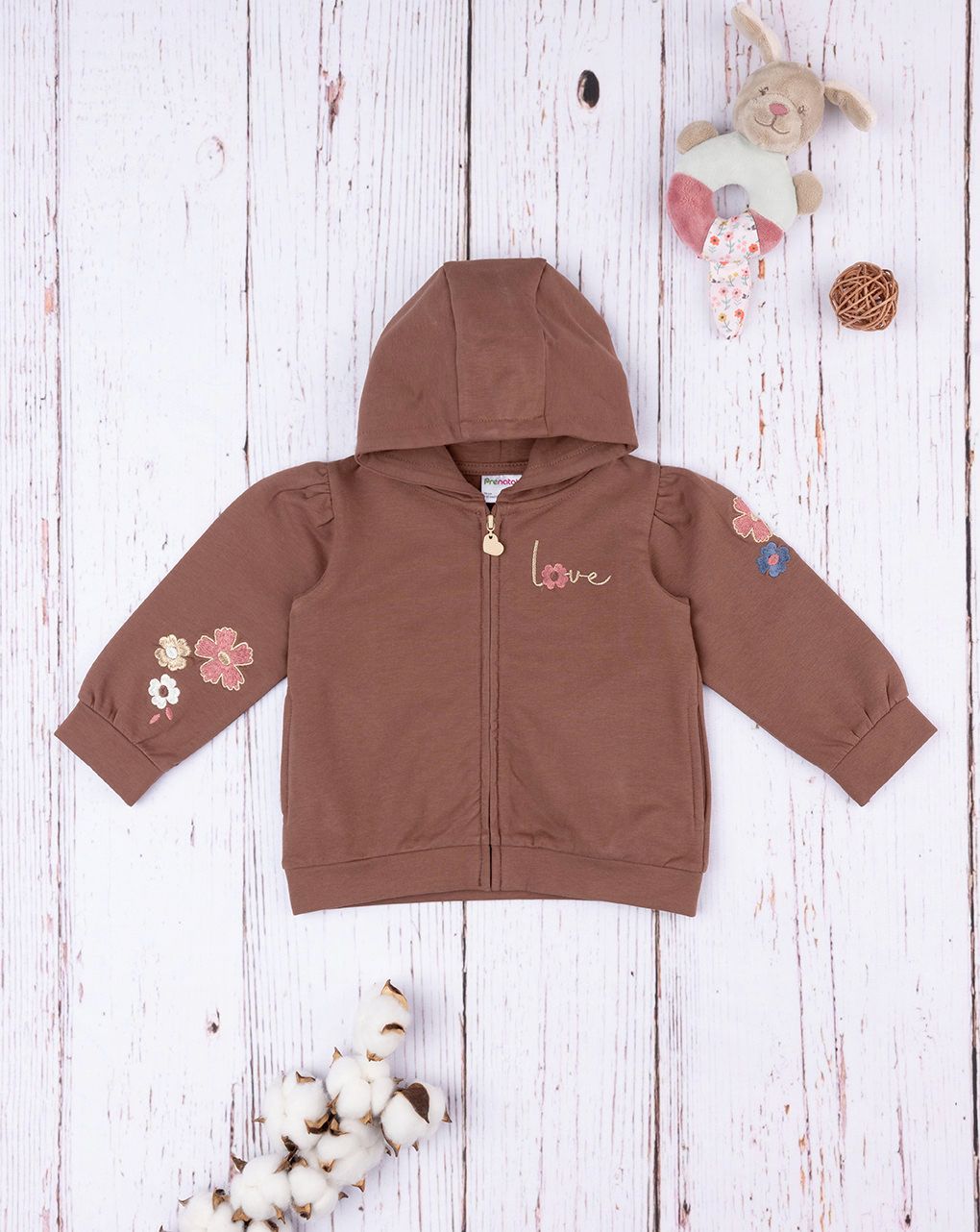 βρεφική ζακέτα φούτερ καφέ με λουλούδια για κορίτσι - Prénatal