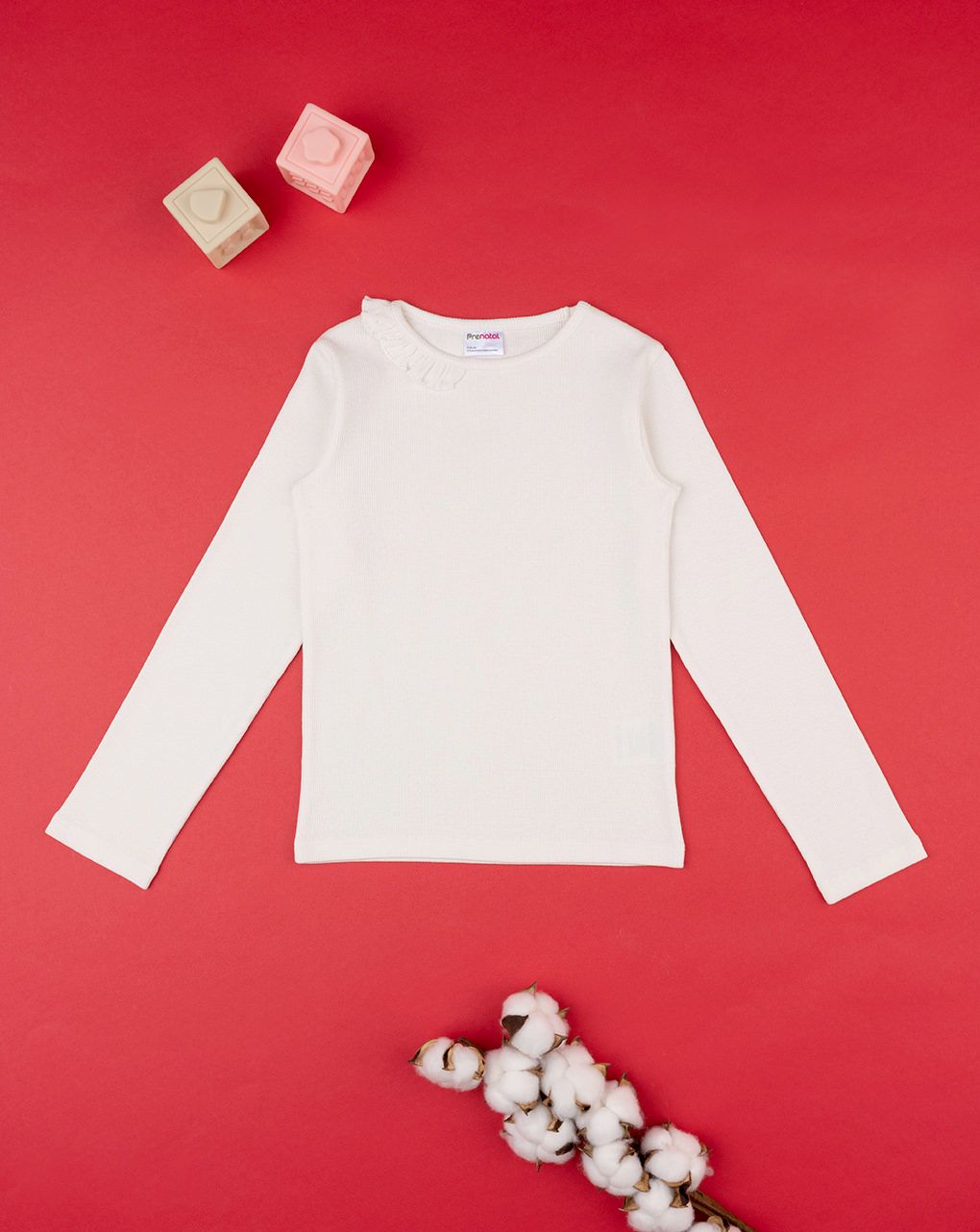 παιδική μπλούζα ριμπ λευκή με βολάν για κορίτσι - Prénatal