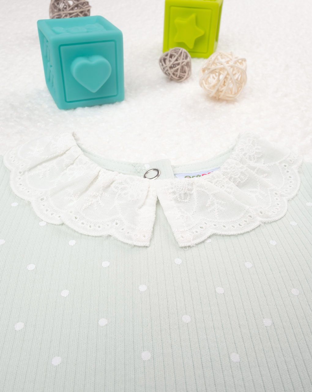 βρεφικό φορμάκι πράσινο μέντας πουά με δαντέλα για κορίτσι - Prénatal