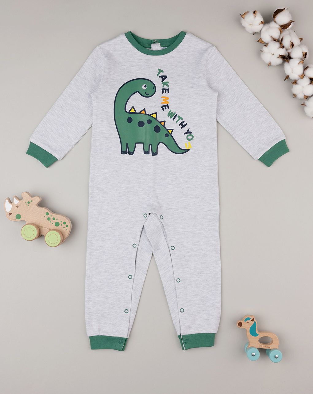 βρεφική ολόσωμη πιτζάμα γκρι με δεινόσαυρο για αγόρι - Prénatal