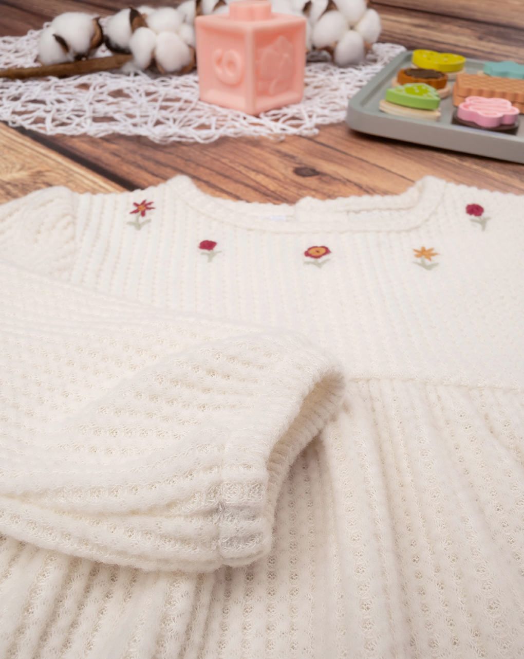 βρεφικό φόρεμα γκοφρέ κρεμ με λουλούδια για κορίτσι - Prénatal