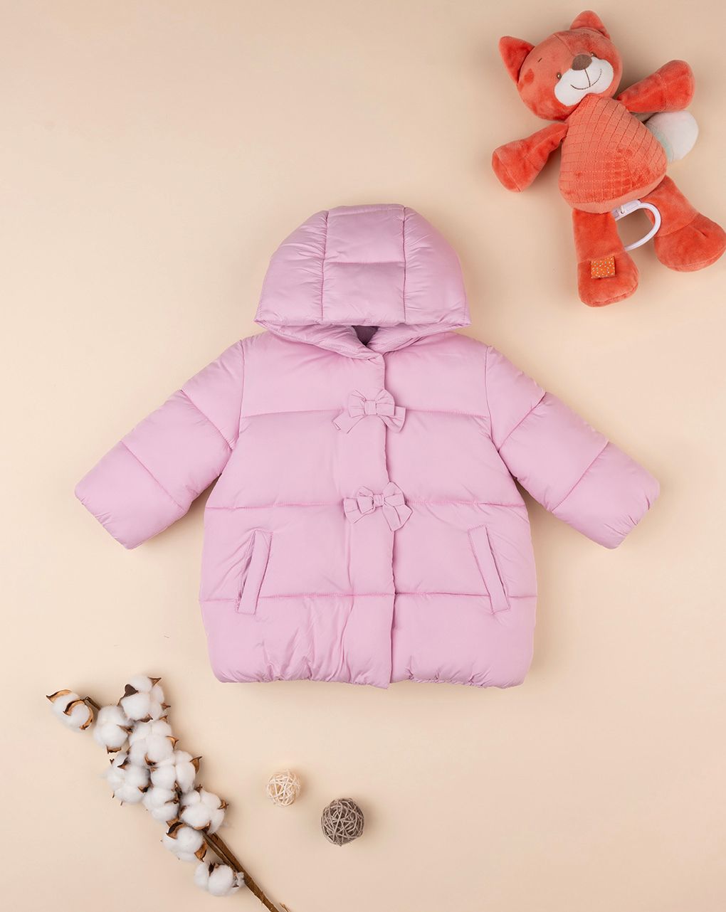 βρεφικό μπουφάν puffer ροζ με φιογκάκια για κορίτσι