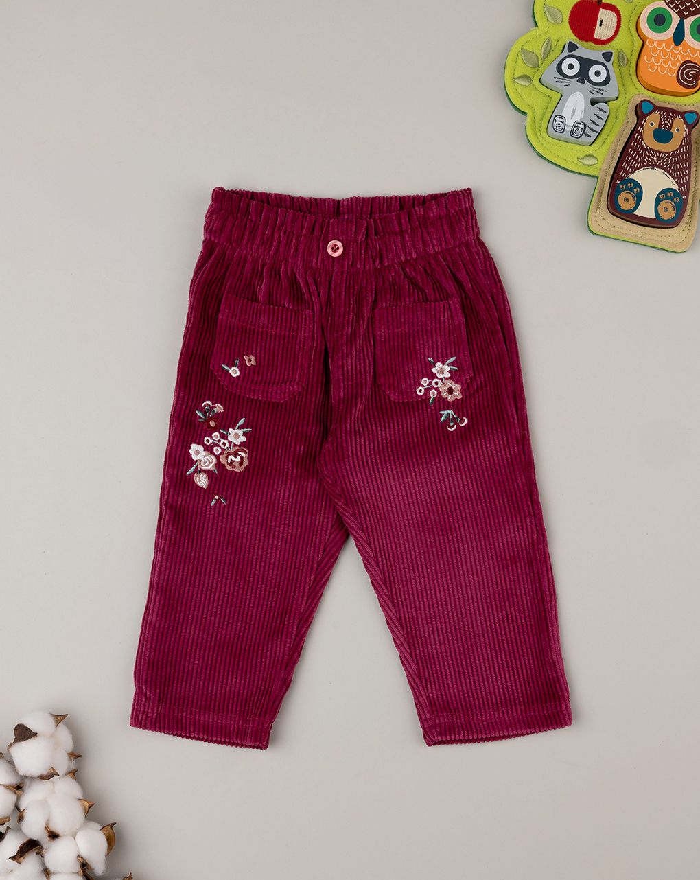 βρεφικό παντελόνι βελουτέ μπορντώ με λουλούδια για κορίτσι - Prénatal