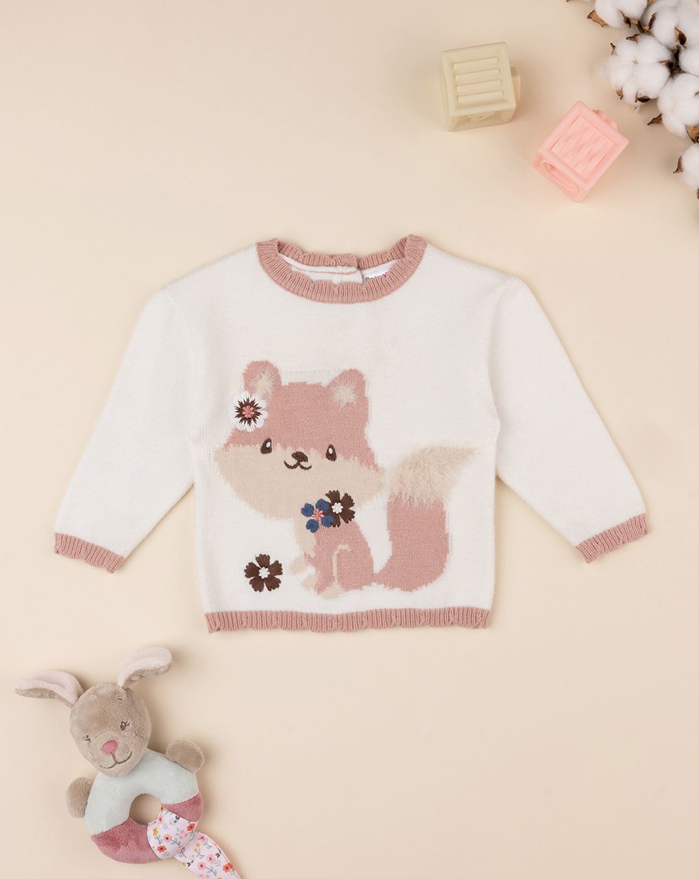 βρεφικό πουλόβερ λευκό με αλεπού για κορίτσι - Prénatal
