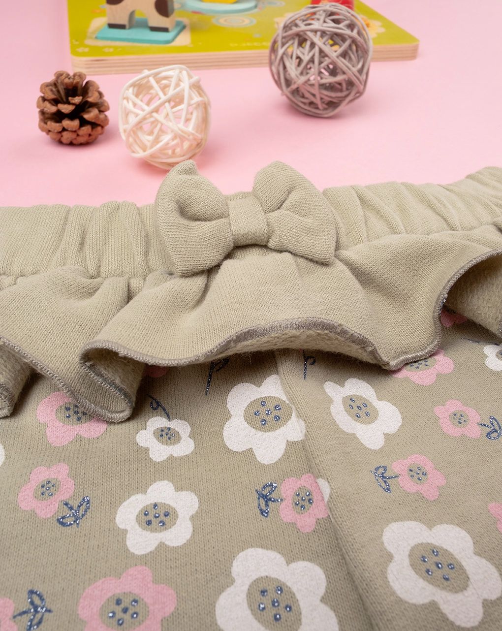 βρεφικό παντελόνι φούτερ χακί φλοράλ για κορίτσι - Prénatal