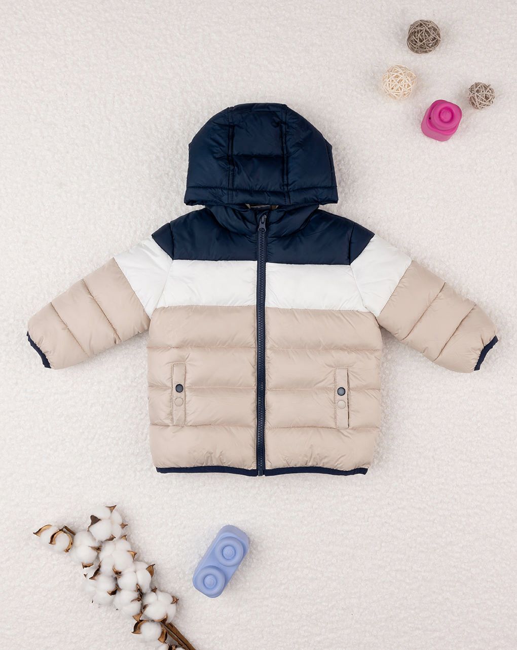 βρεφικό μπουφάν puffer colorblock μπεζ/μπλε για αγόρι - Prénatal