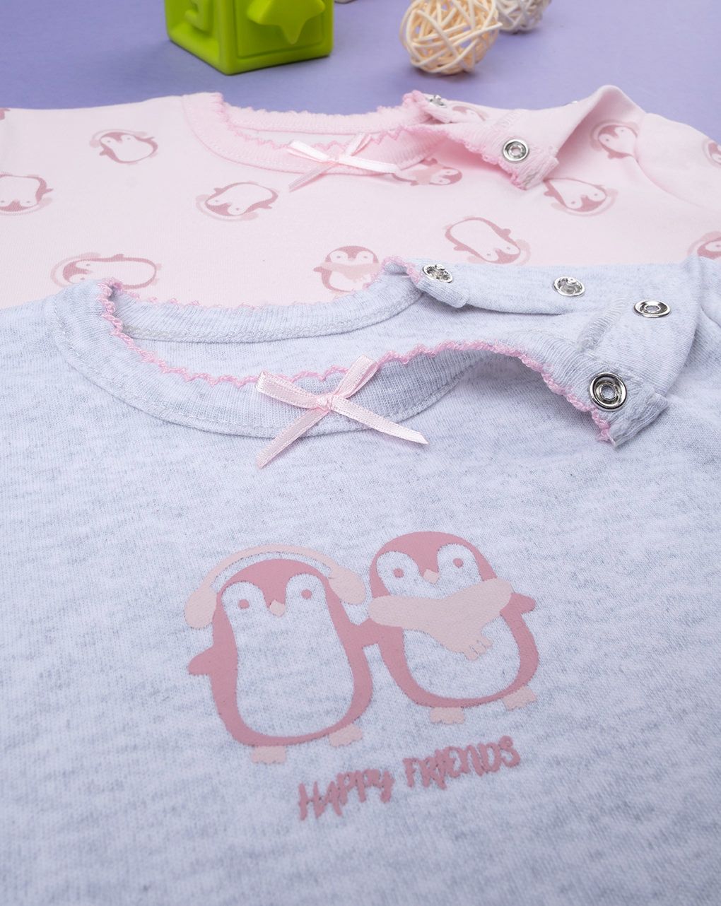 βρεφικά μακρυμάνικα κορμάκια πακέτο x2 πιγκουίνοι για κορίτσι - Prénatal