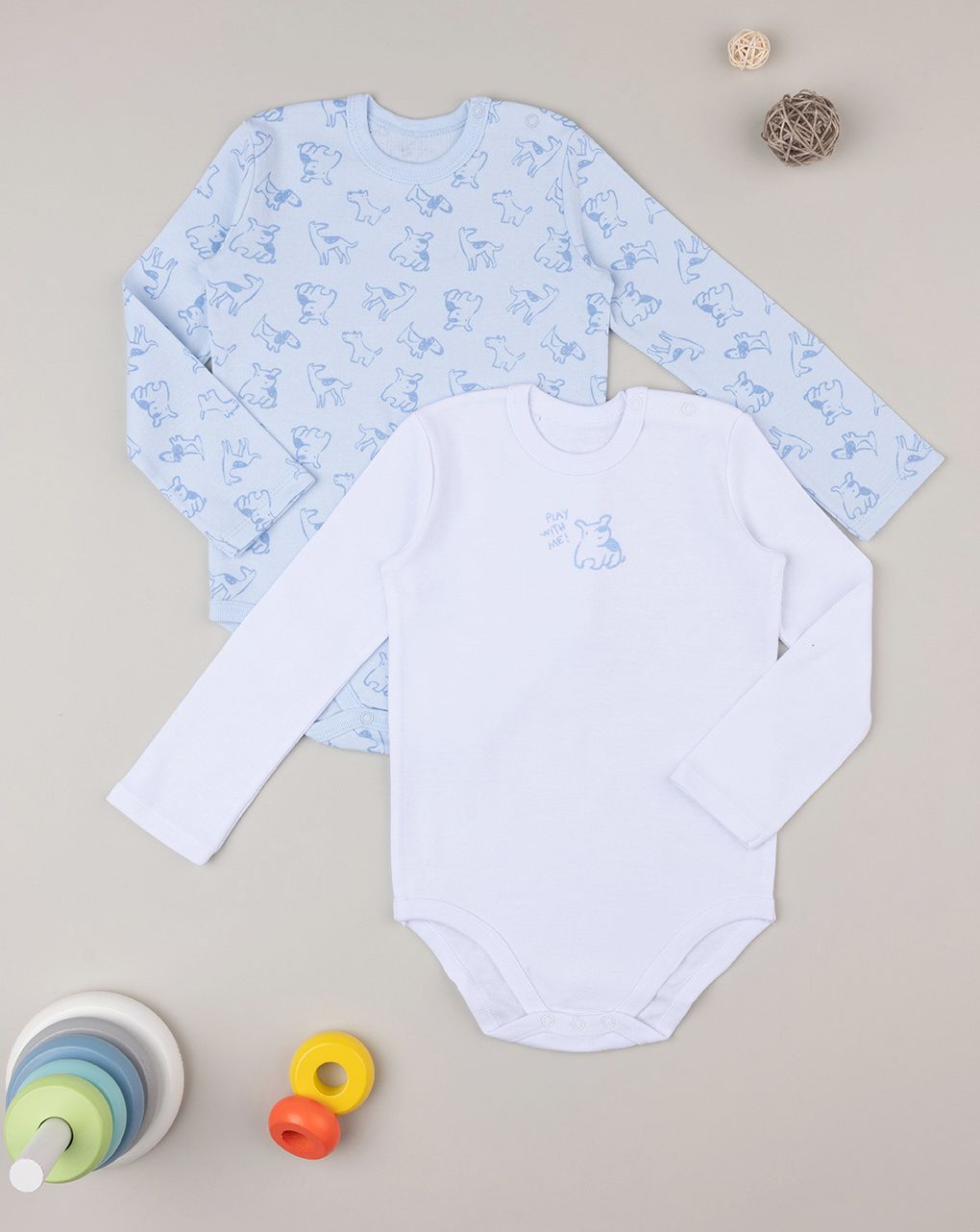 βρεφικά μακρυμάνικα κορμάκια πακέτο x2 με σκυλάκια για αγόρι - Prénatal
