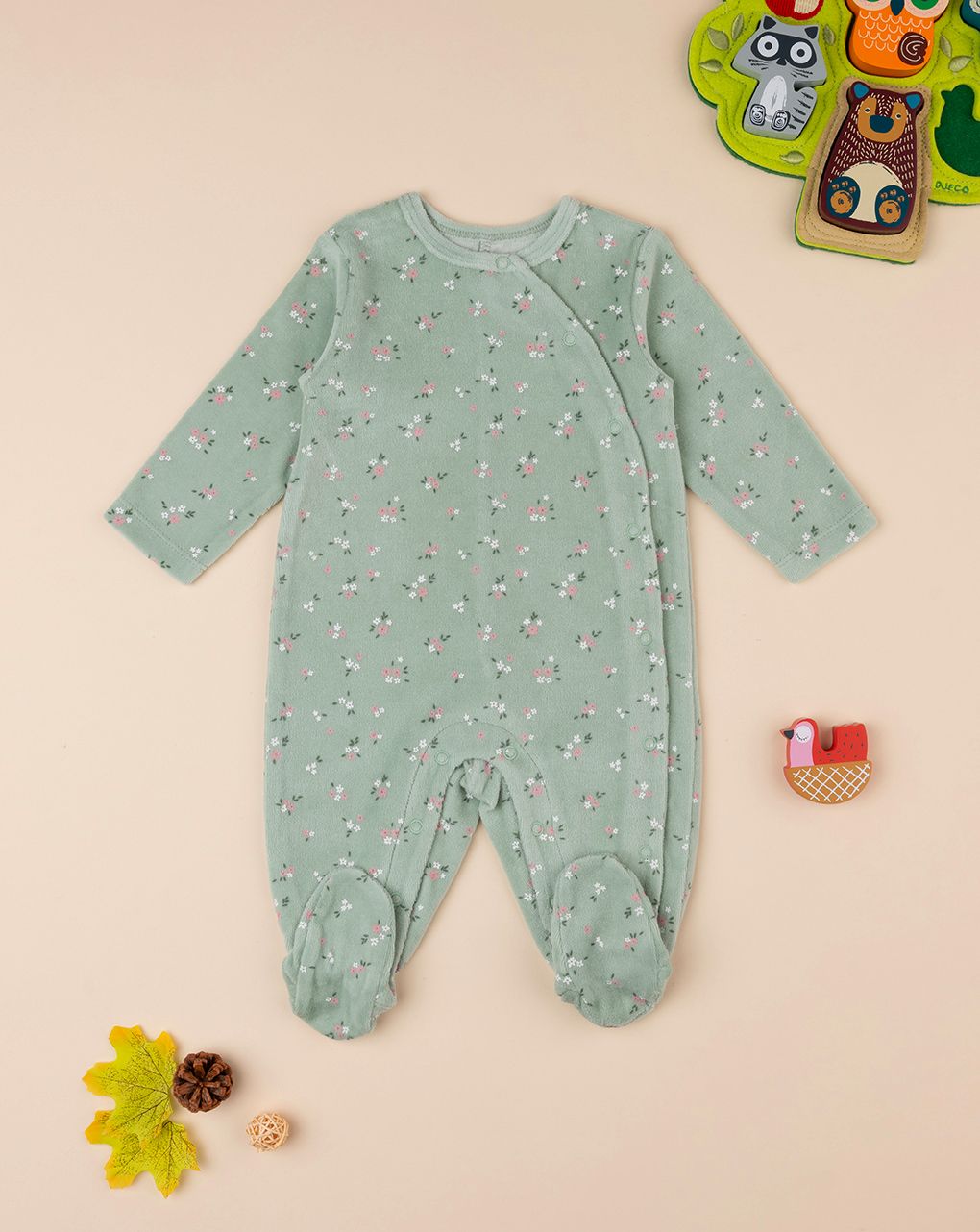 βρεφικό φορμάκι σενίλ πράσινο φλοράλ για κορίτσι - Prénatal