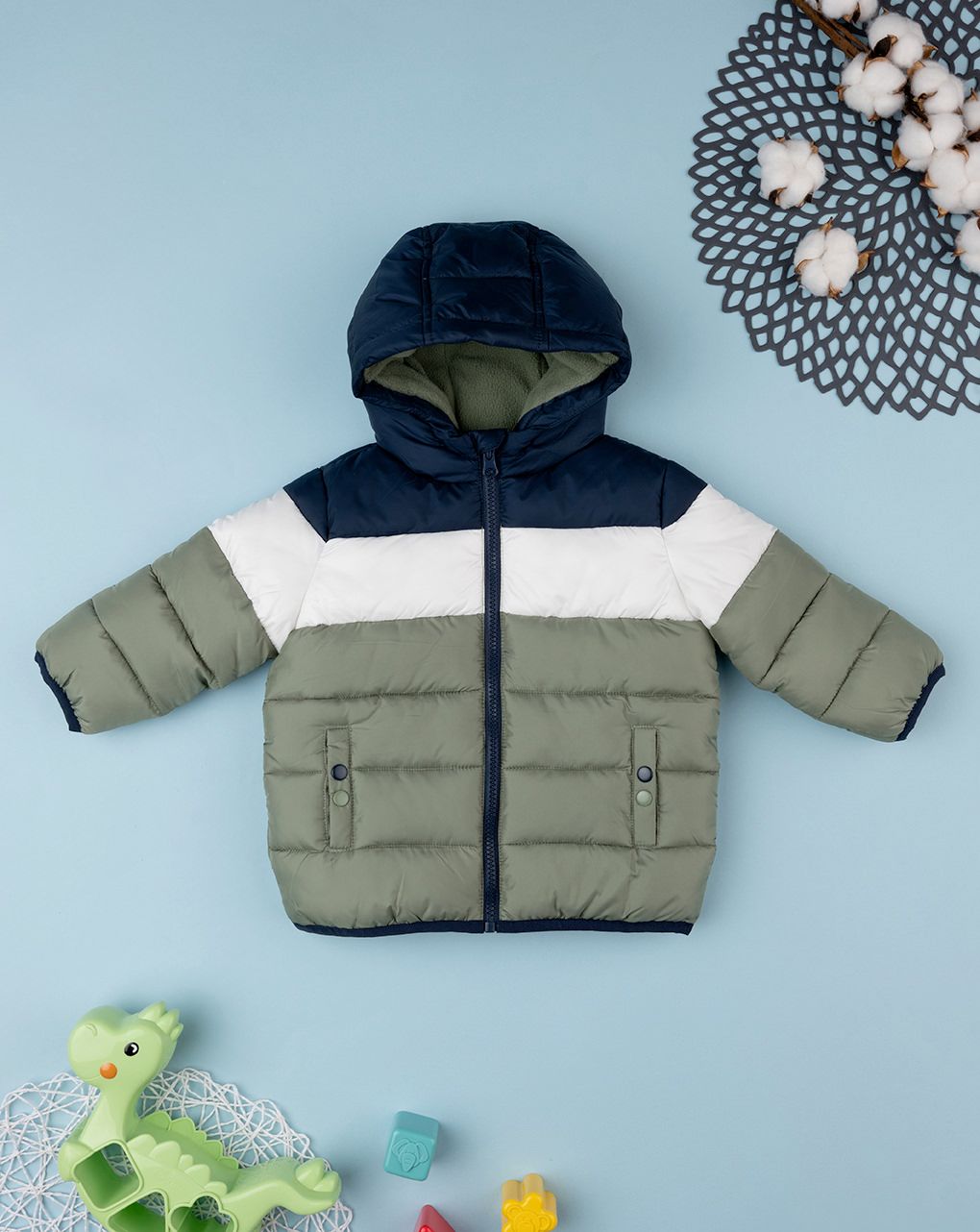 βρεφικό μπουφάν puffer colorblock χακί/μπλε για αγόρι - Prénatal