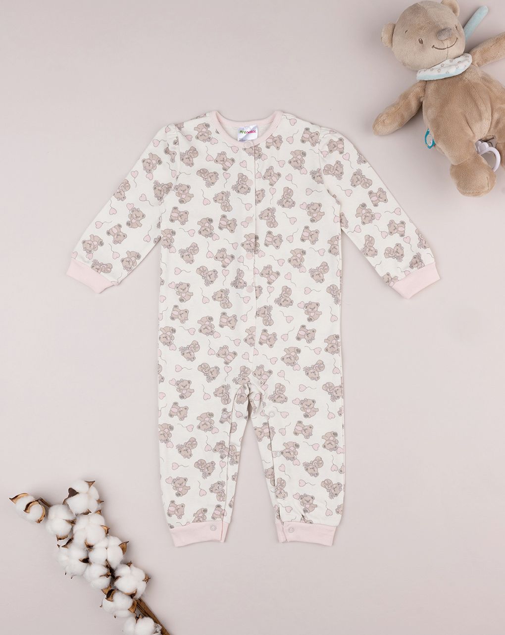 βρεφική ολόσωμη πιτζάμα λευκή με αρκουδάκια για κορίτσι - Prénatal