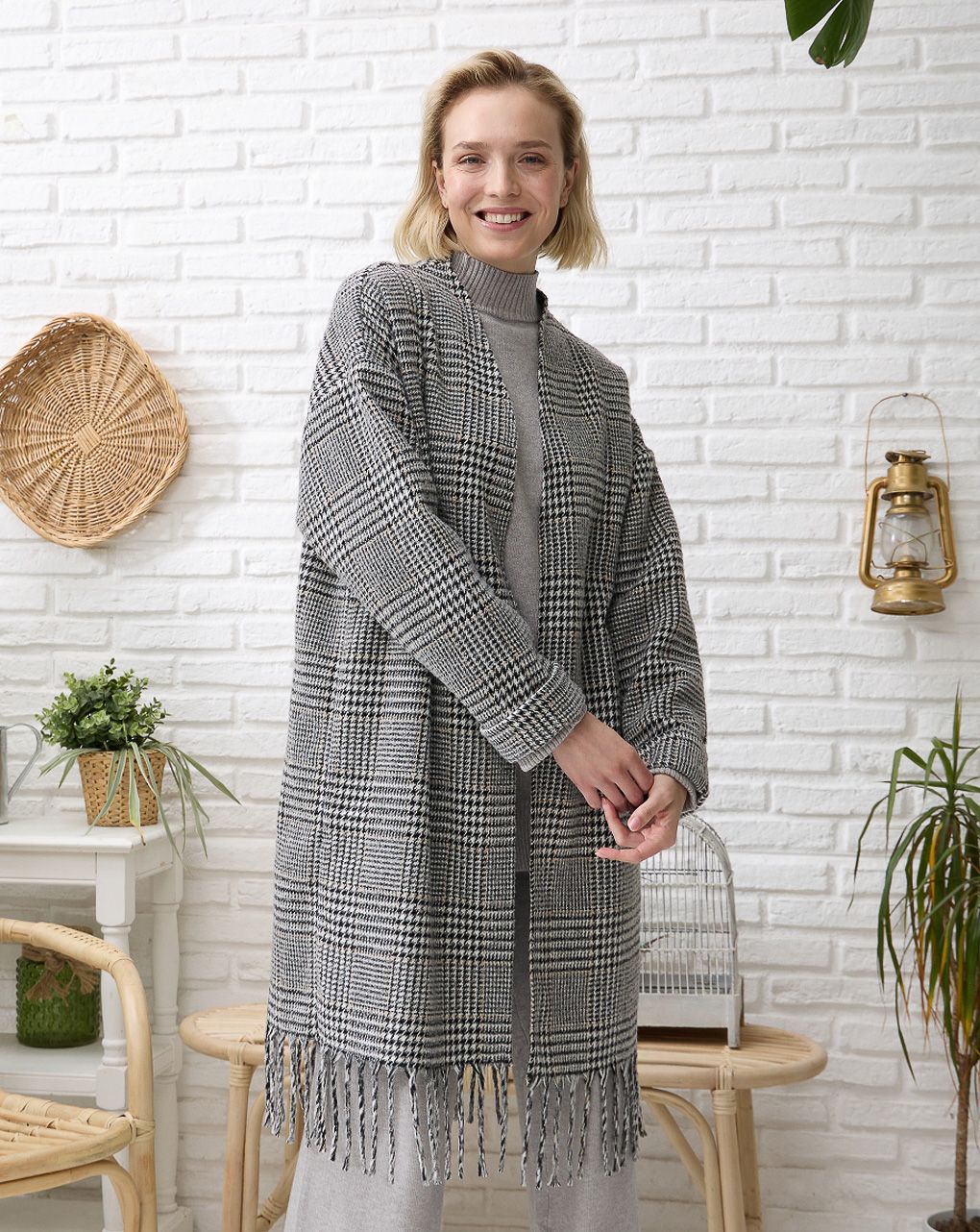 γυναικεία μακριά ζακέτα καρό μαύρο/άσπρο - Prénatal