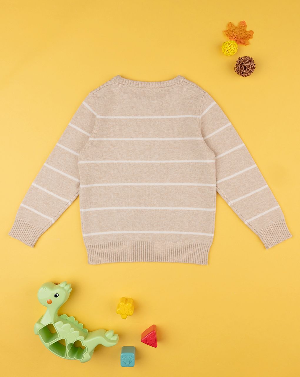 παιδικό πουλόβερ μπεζ ριγέ με δεινόσαυρο για αγόρι - Prénatal