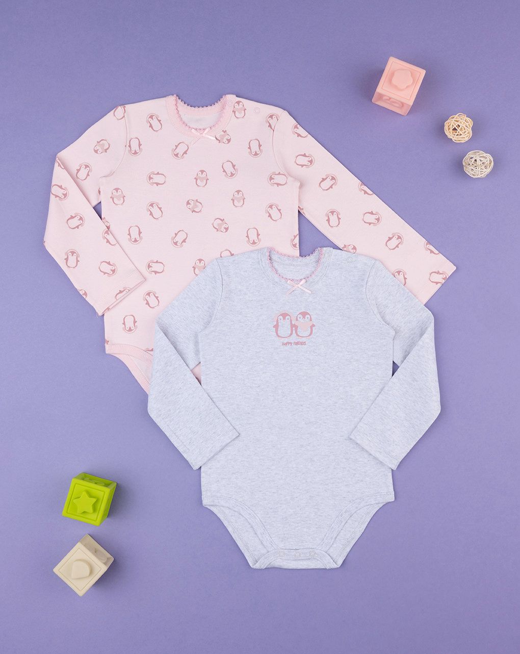 βρεφικά μακρυμάνικα κορμάκια πακέτο x2 πιγκουίνοι για κορίτσι - Prénatal