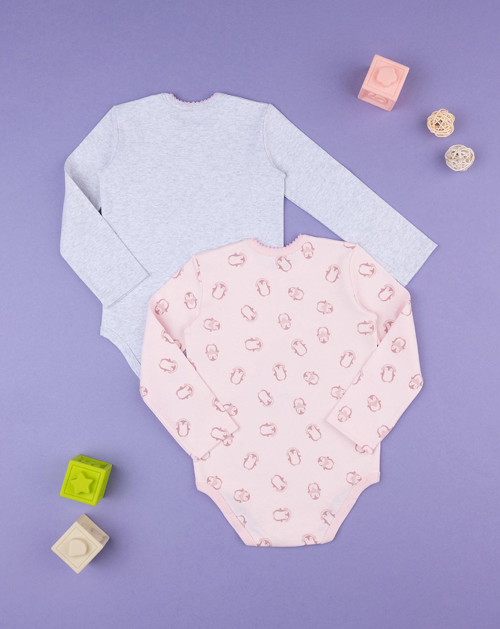 βρεφικά μακρυμάνικα κορμάκια πακέτο x2 πιγκουίνοι για κορίτσι - Prénatal