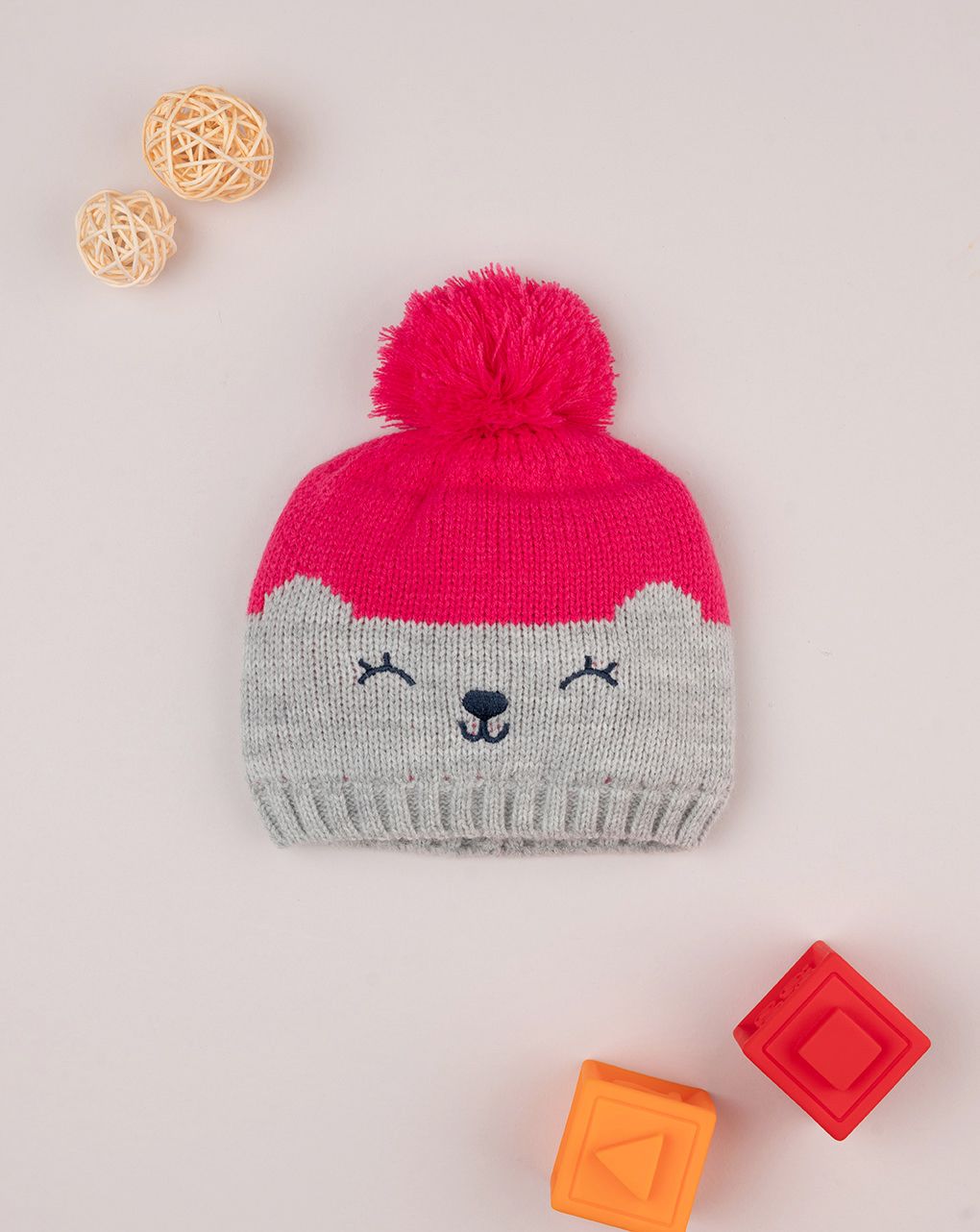 βρεφικό σκουφάκι πλεκτό φούξια με αρκουδάκι για κορίτσι - Prénatal