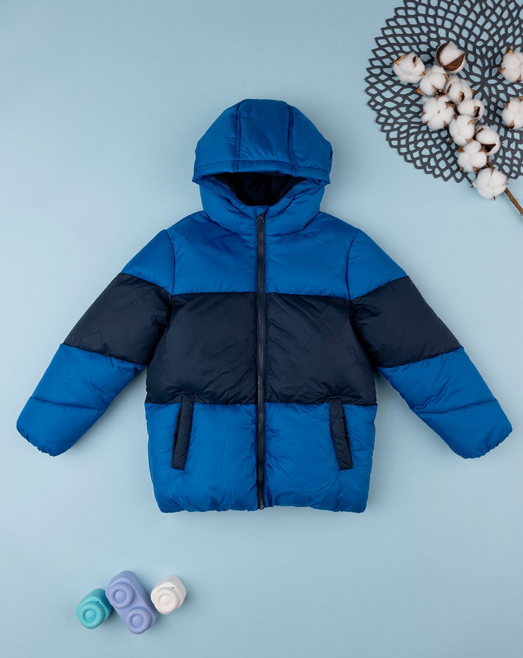 παιδικό μπουφάν φουσκωτό colorblock μπλε για αγόρι