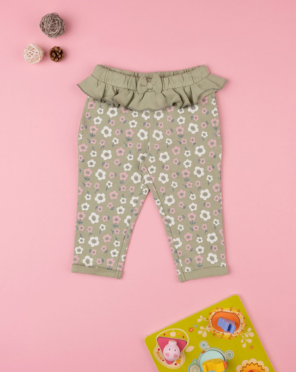 βρεφικό παντελόνι φούτερ χακί φλοράλ για κορίτσι - Prénatal