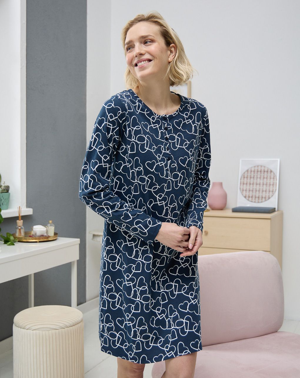 γυναικείο νυχτικό εγκυμοσύνης/θηλασμού μπλε με καρδούλες - Prénatal
