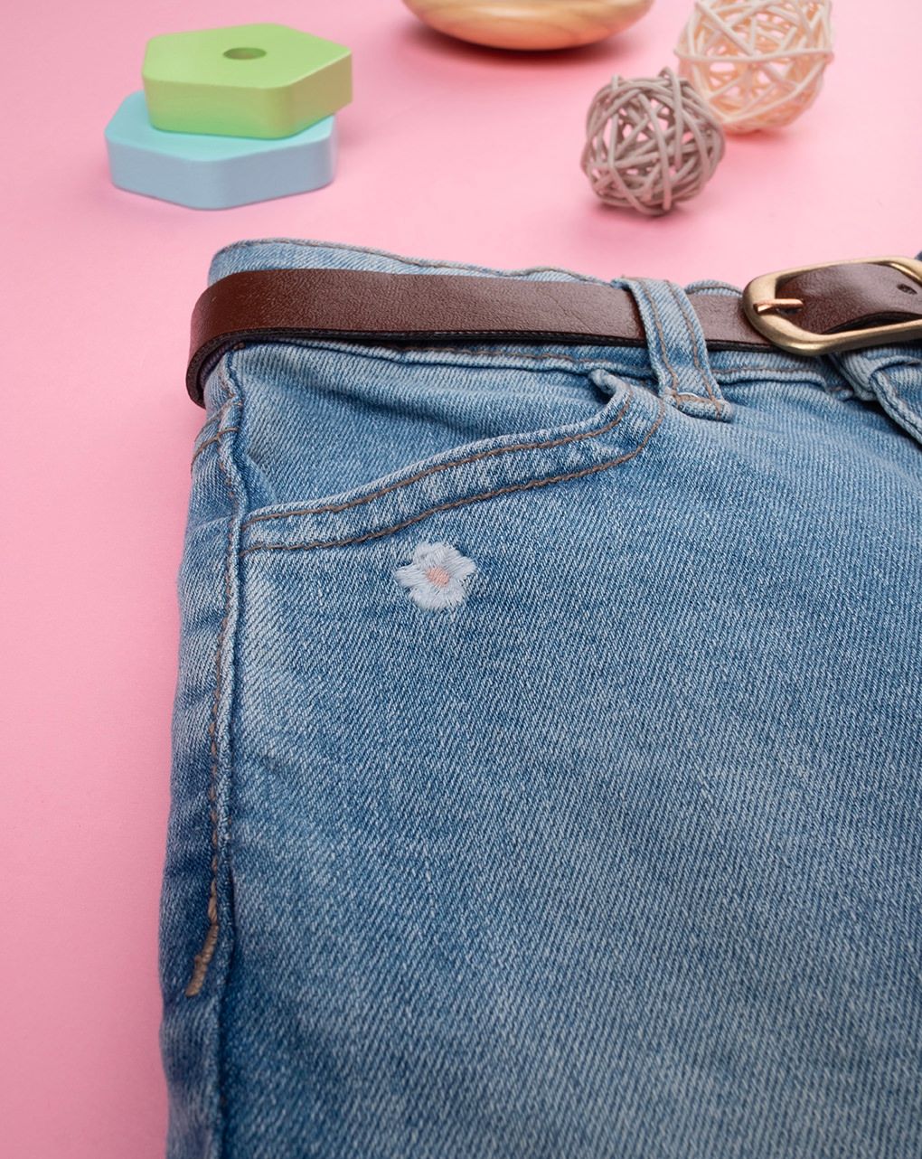 παιδικό τζιν παντελόνι μπλε φλοράλ για κορίτσι - Prénatal