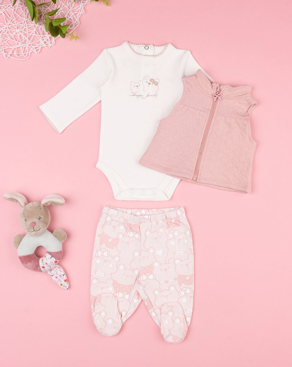 βρεφικό σετ κορμάκι, γιλέκο και γκέτα bear trace για κορίτσι - Prénatal