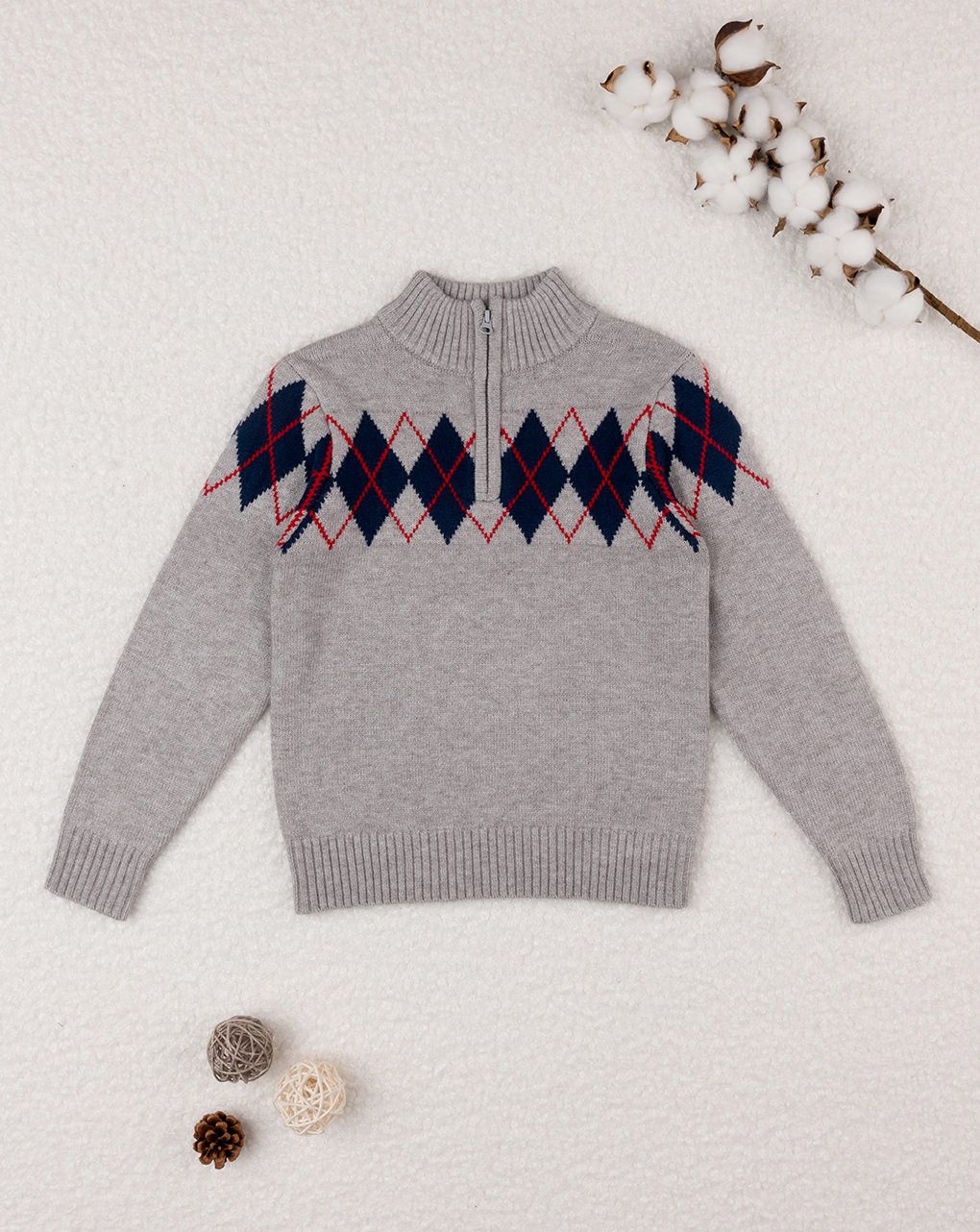 παιδικό πουλόβερ γκρι με ρόμβους για αγόρι - Prénatal