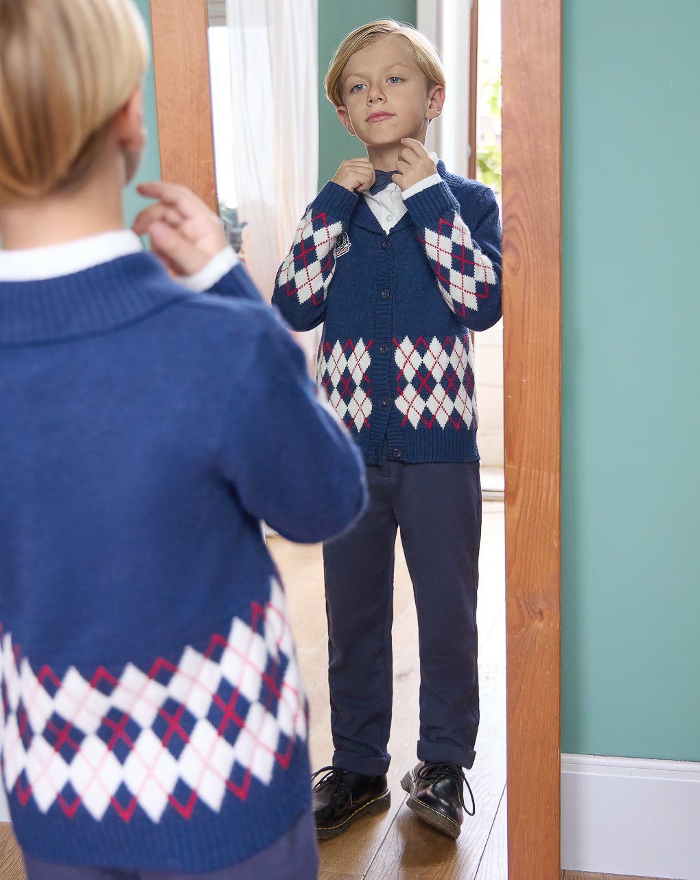 παιδική πλεκτή ζακέτα μπλε με ρόμβους για αγόρι